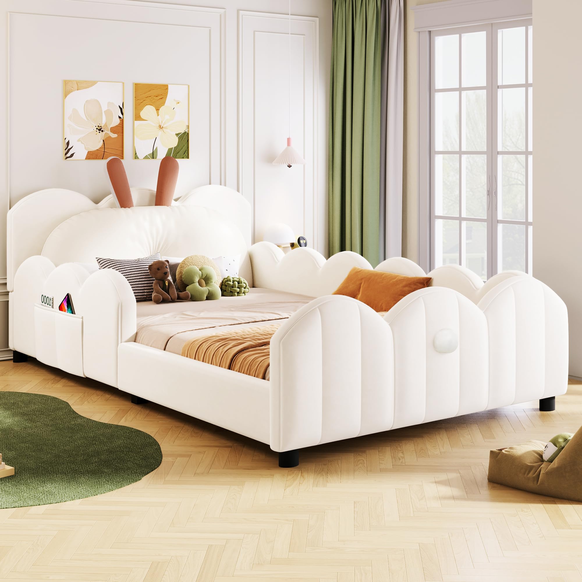 Kinderbett 90x200 cm, Polsterbett mit Rausfallschutz