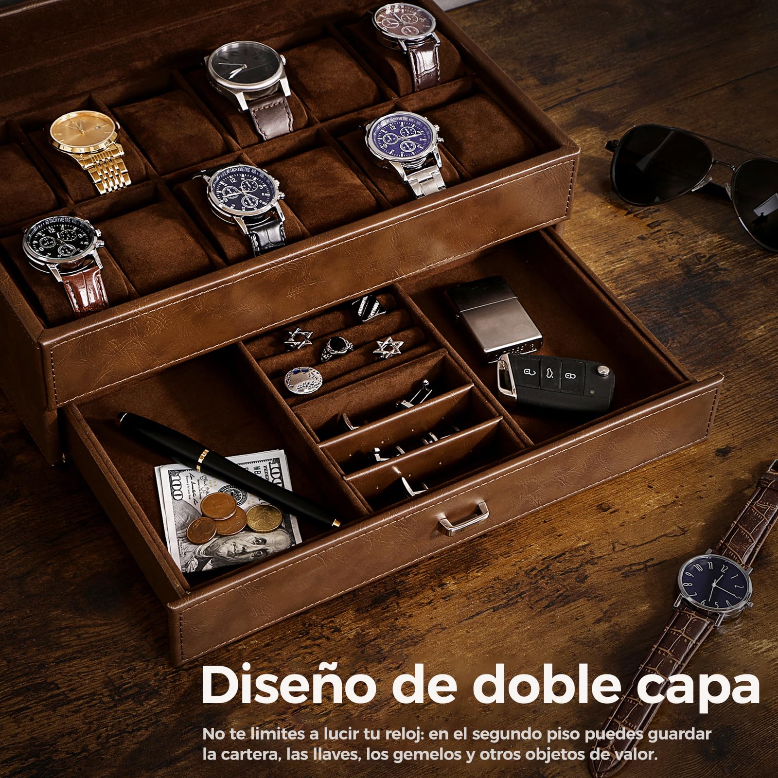 BEWISHOME Caja Relojes de Clásico Para Hombre, Caja Para Relojes de 12 Ranuras con Cajón, 2 Capas Para Almacenamiento, Reloj Hombre Para Guardar Relojes, Joyas Marrón