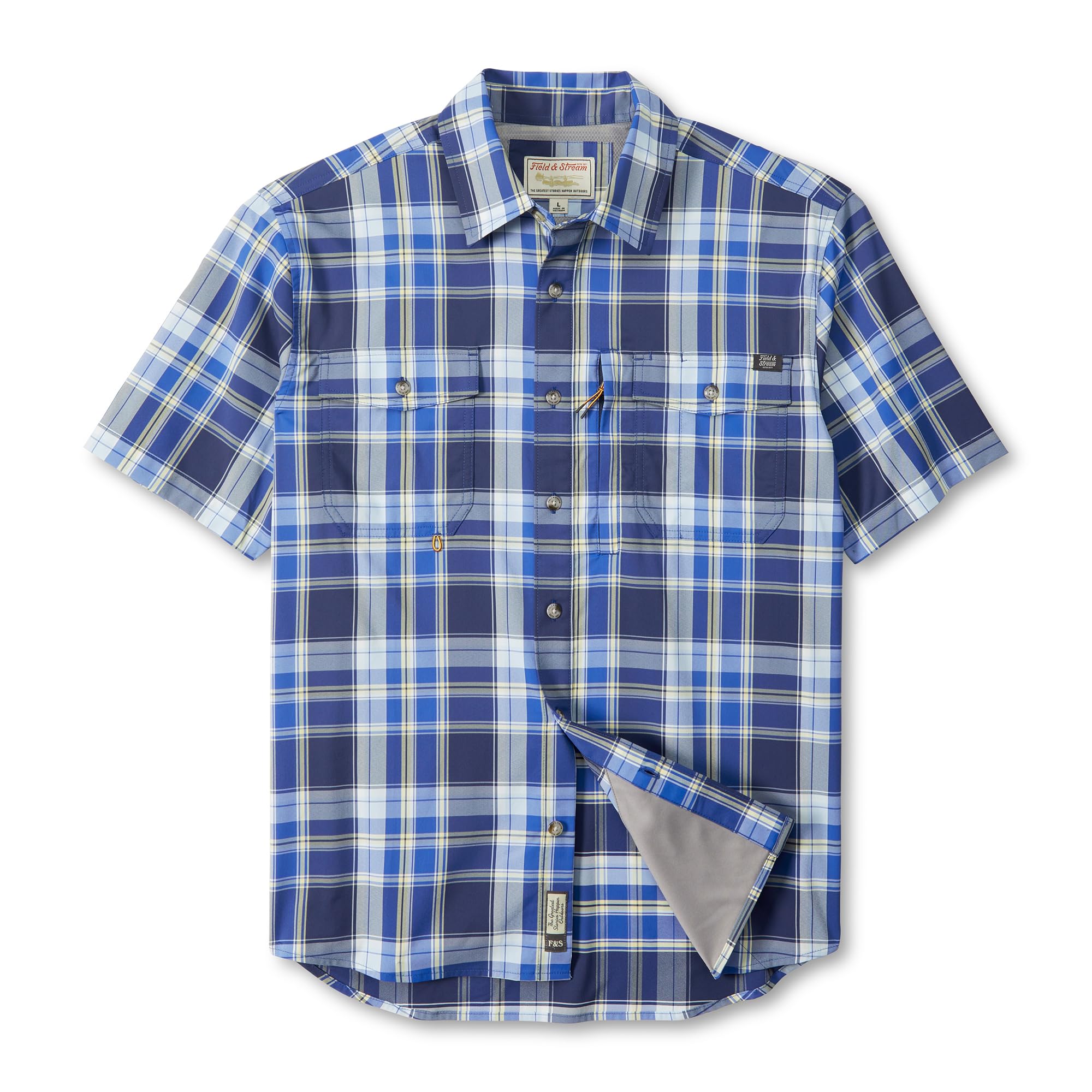 Field & Stream Men's Line Burner Short Sleeve Fishing Shirt, Sunkissed Plaid, Ultramarine Plaid, Large