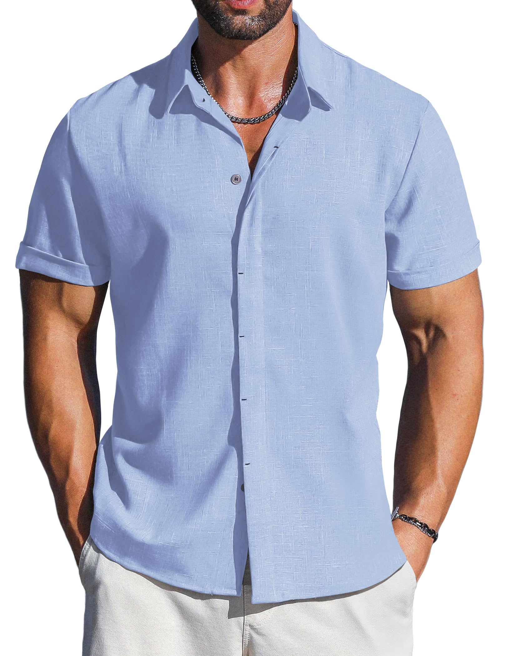 LETSEE Linen Shirts for Men Short Sleeve Button Down Dress Casual Shirt Beach Summer Wedding Hawaiian Outfit