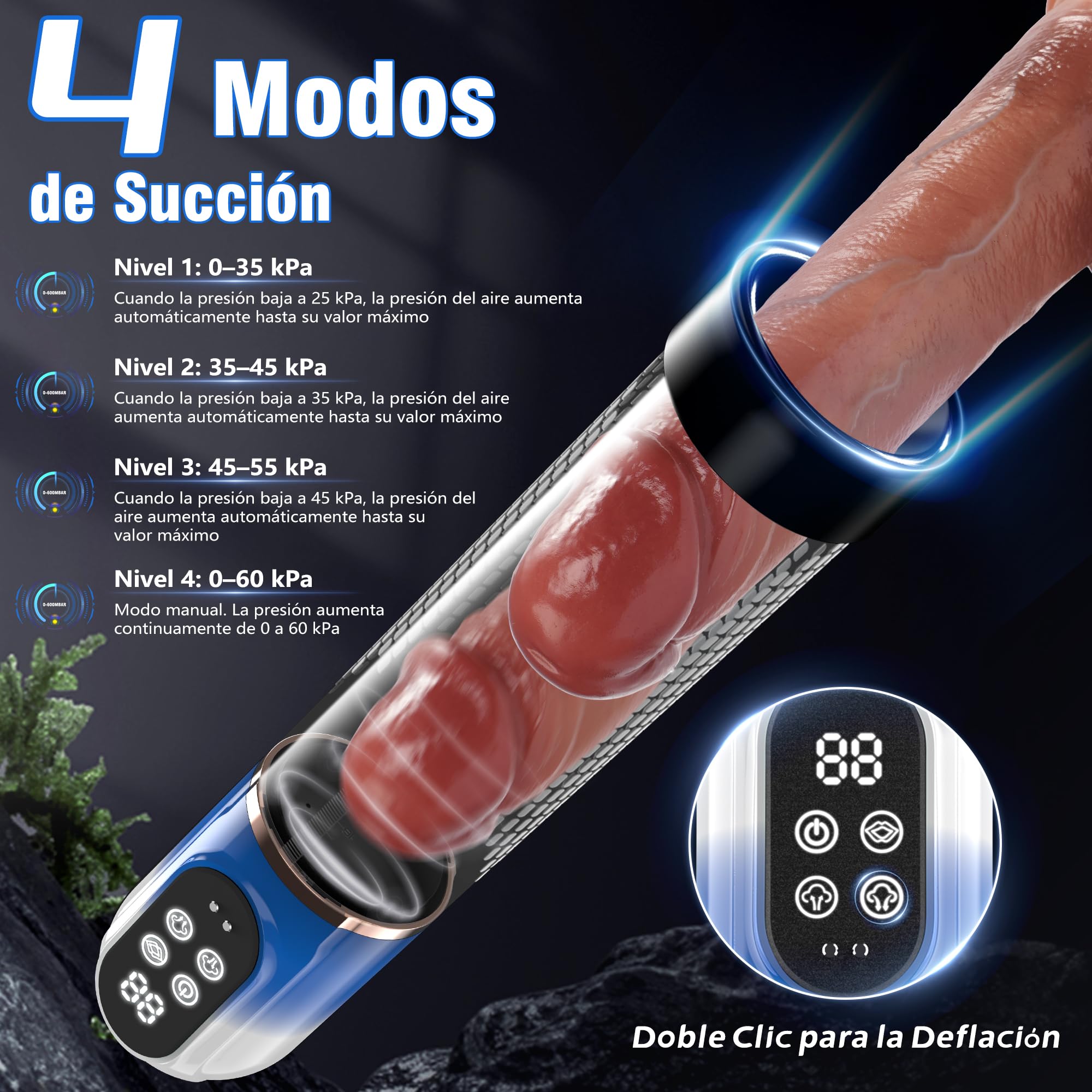 HIVEFUN Succionador de Pene Hombre, Alargador de Pene Masculino con 4 Modos de Succión y 3 Modos de Entrenamiento, Bomba de Vacío para el Pene Hombre con 3 Anillos de Silicona y 6 Anillos para el Pene