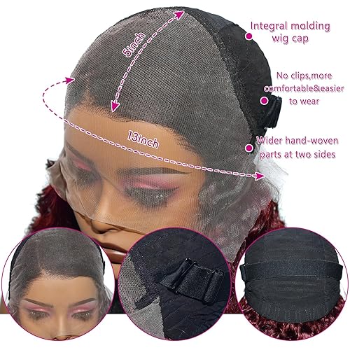 Miniatura 6 de Pelucas de cabello humano rizado color borgoña 99j de 13 x 5 con ondas profundas HD de cabello humano prearrancado, peluca de cabello humano rizado
