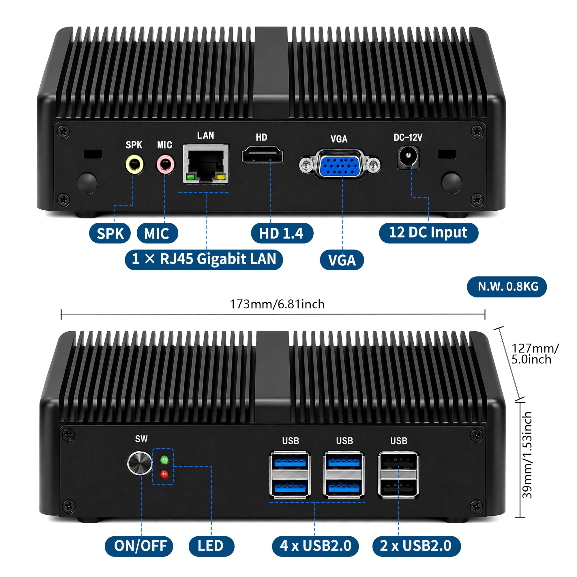 Mini PC Core i3-6006U (2C/4T), Fanless Micro PC DDR3L Barebone No RAM/SSD, 4K HD+VGA, RJ45 Gigabit LAN, SATA3.0 Slot, 6 USB, AES-NI, Desktop Computer for Business Office Home