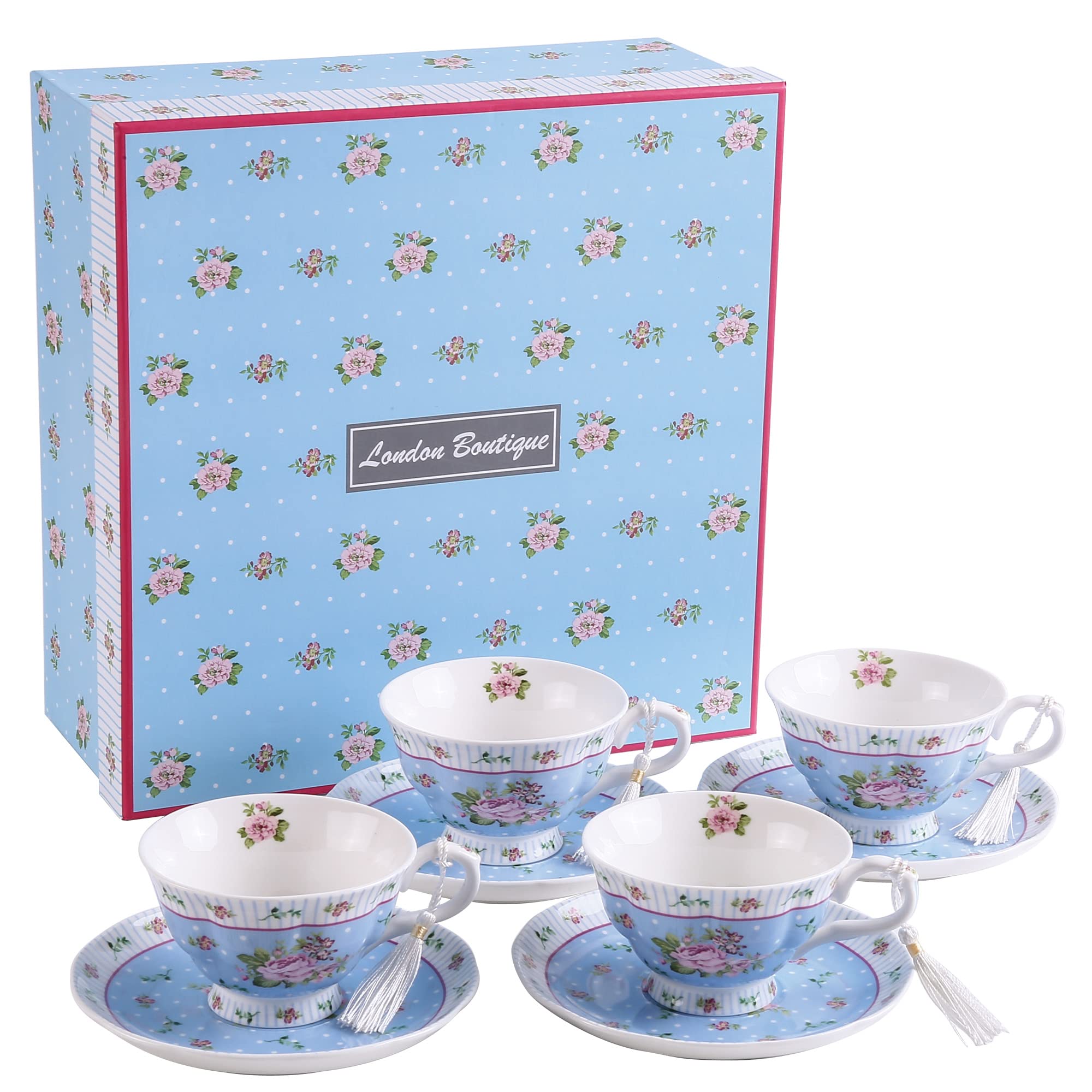 London Boutique Coffee Tea Cup and Saucer Set 4 Shabby Chic Vintage Porcelain Bird Butterfly Flora G