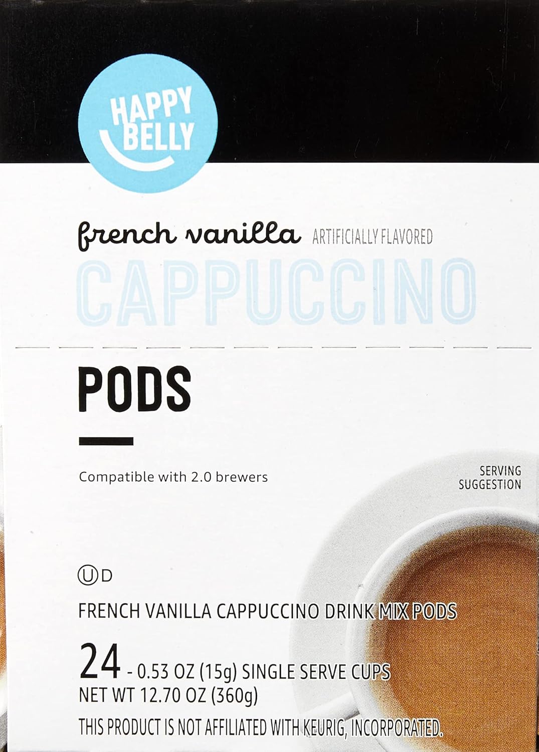 Amazon Brand - Happy Belly Cappuccino Coffee Pods Light Roast Compatible with 2.0 K-Cup Brewers,French Vanilla Flavored,1.5 pound,24 Count (Pack of 2)
