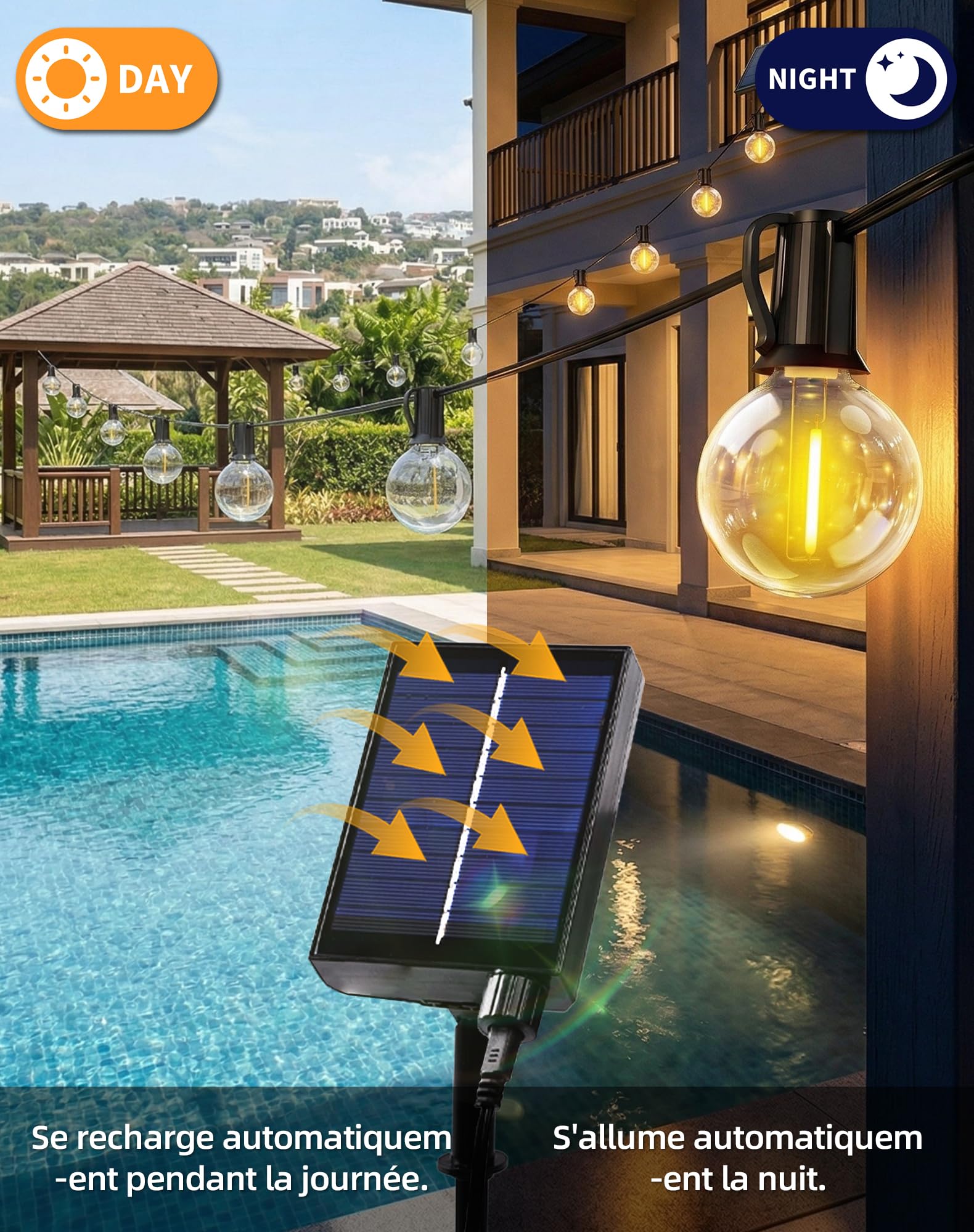 Guirlande Lumineuse Solaire Extérieure 10M, Guirlande Guinguette avec Télécommande 15+1 Ampoules LED, 8 Modes d’Éclairage, 4 Luminosité Réglable, Guirlande IP44 Étanche pour Jardin Balcon Terrasse