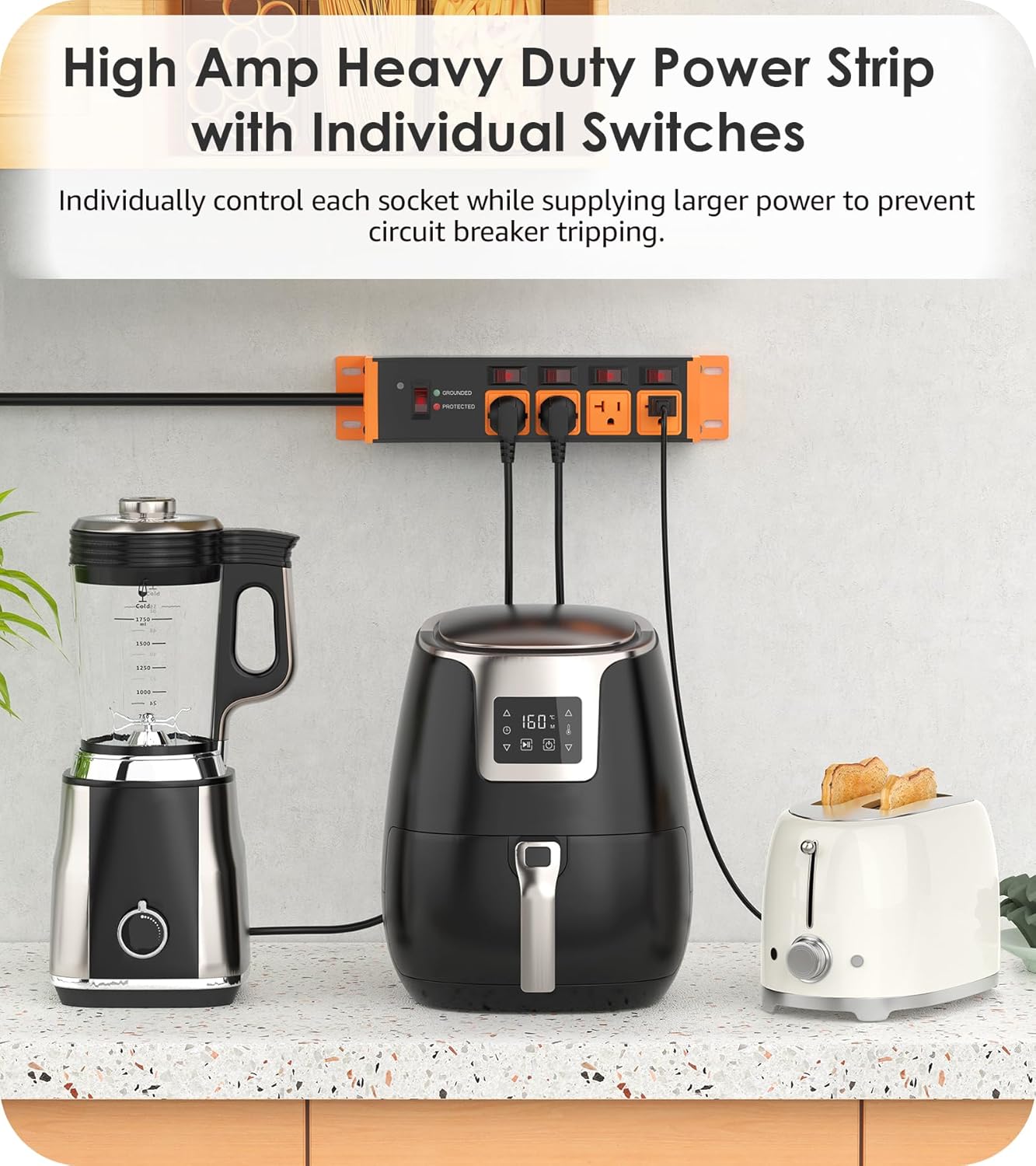 CCCEI Heavy Duty Surge Protector Power Strip 20 Amp Individual Switches. 10FT 12 Gauge Extension Cord with Multiple Outlets. Kitchen, Garage, Shop, Industrial Wall Mount Electric Extender, Orange. thumbnail