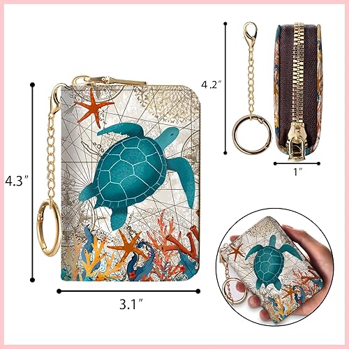 Vista 4 de Blusabaca Cartera con tarjetero RFID para mujer, cartera pequeña para tarjetas con llavero y cremallera, tarjetero de cuero con bolsillo de tortuga