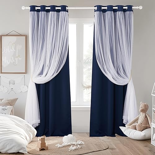 Miniatura 1 de Pony Dance - Cortinas opacas con capa traslúcida para ventanas, un par, 2 cordeles para sujetar gratis, cortinas para sala de estardormitoriococina