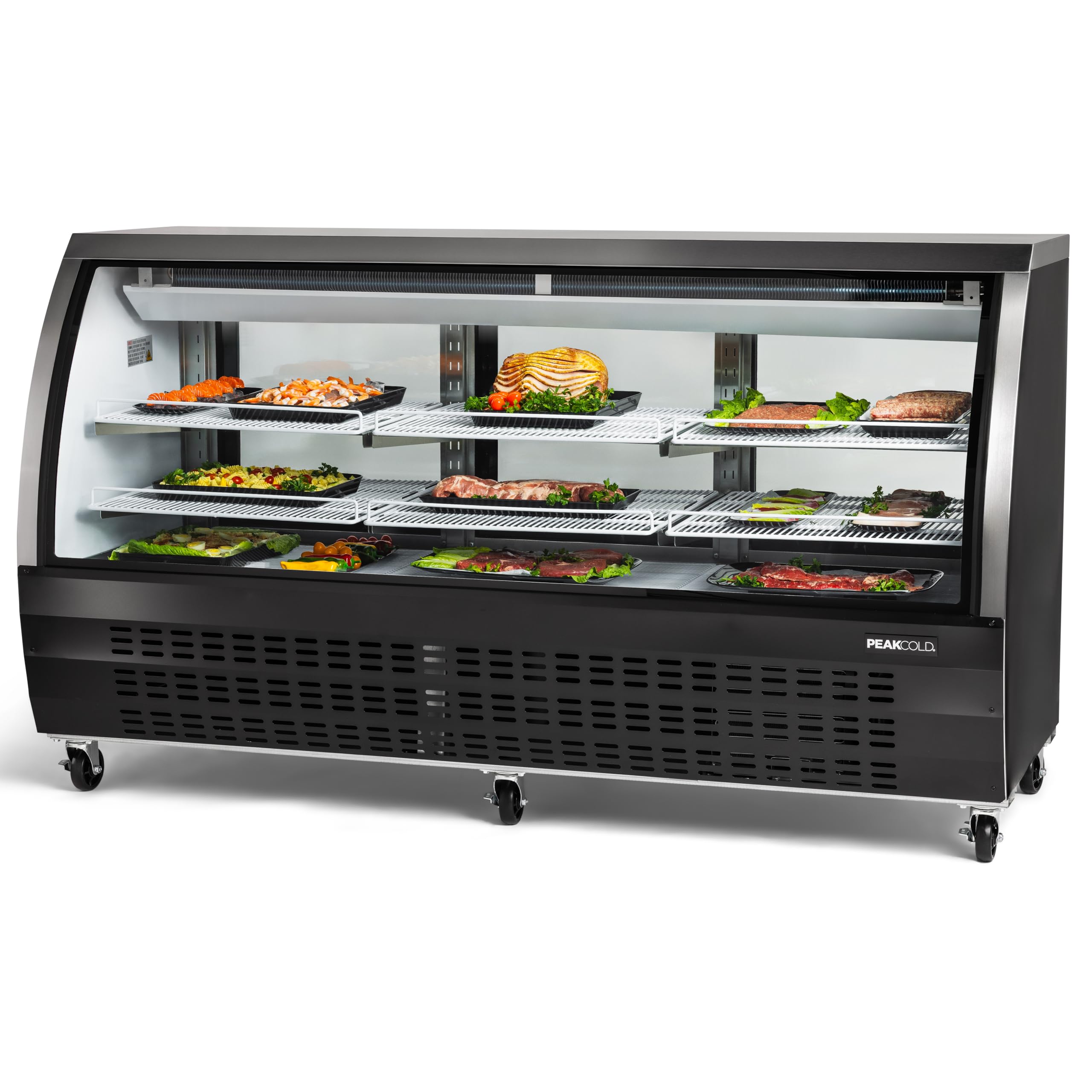 PEAKCOLD Curved Glass Refrigerated Deli Case - Meat or Seafood Display Showcase, Black; 82" Wide
