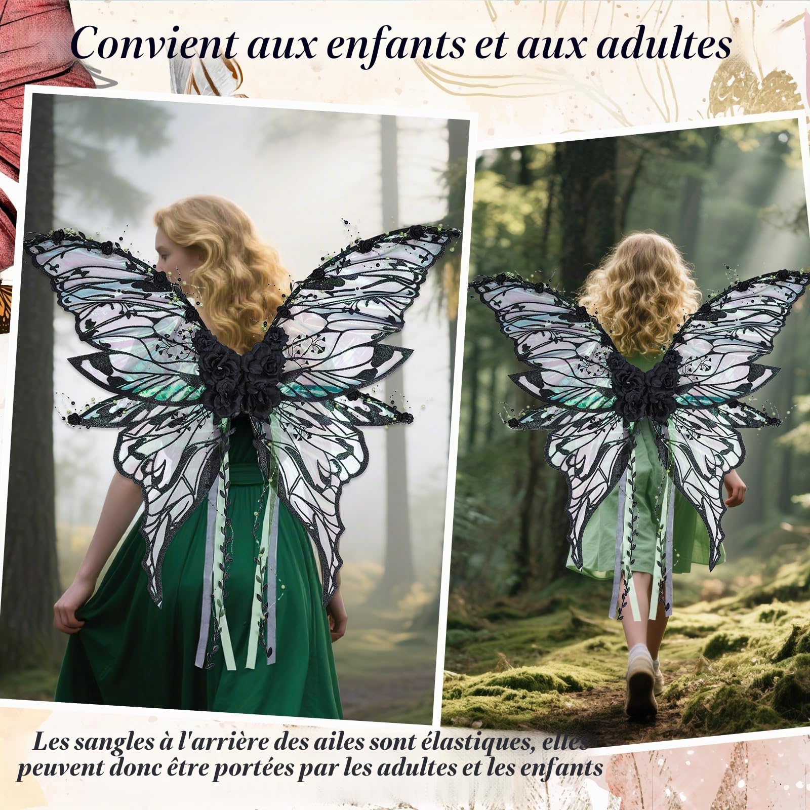 Ailes de fée pour femme adulte avec fleurs noires et pampilles serties de perles - Costume de carnaval, Renaissance, Halloween, séance photo, tenue de fête