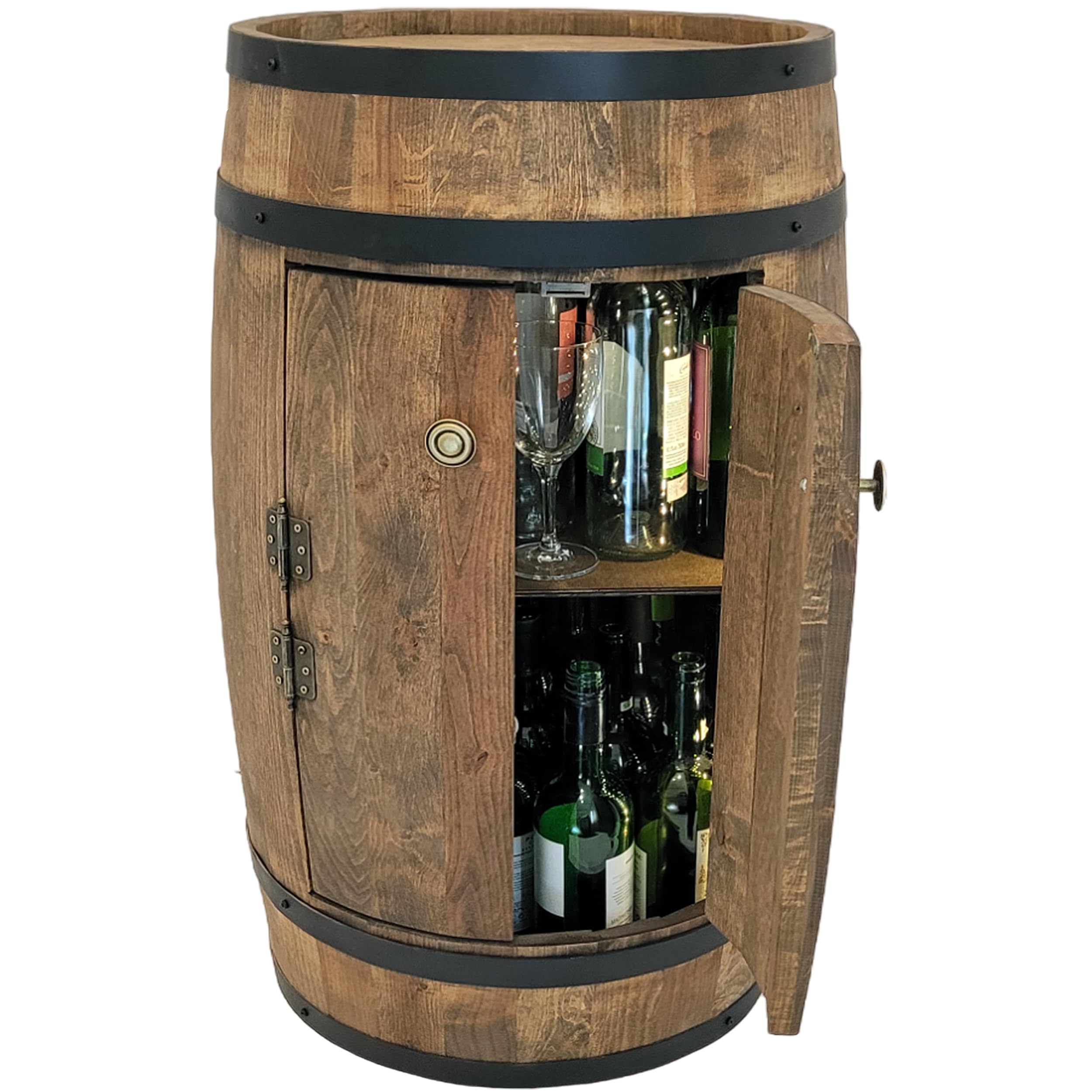 WEECO Wine Mobile Bar in Legno Barile in legno per arredamento con 2 ante LED, Botte armadietto, Scaffale per Vini Altezza, Armadietto per bottiglie, Tino in legno per bottiglie, Barile da whisky 80cm
