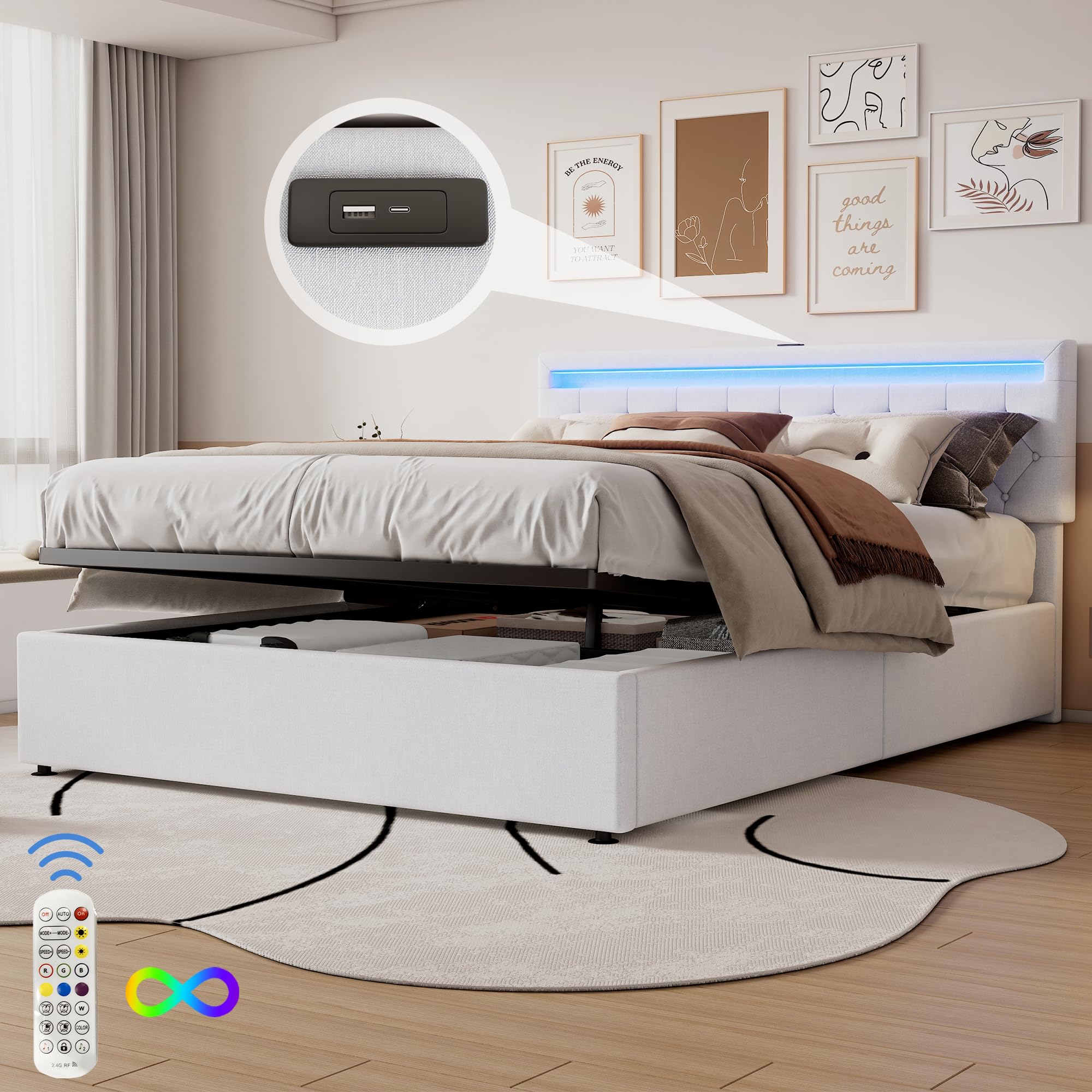 Letto contenitore matrimoniale con presa USB e presa di tipo C, lettomatrimoniale 160 x 200 cm con luce d'atmosfera sul letto, lettoidraulico,letto una piazza e mezza con base a doghe