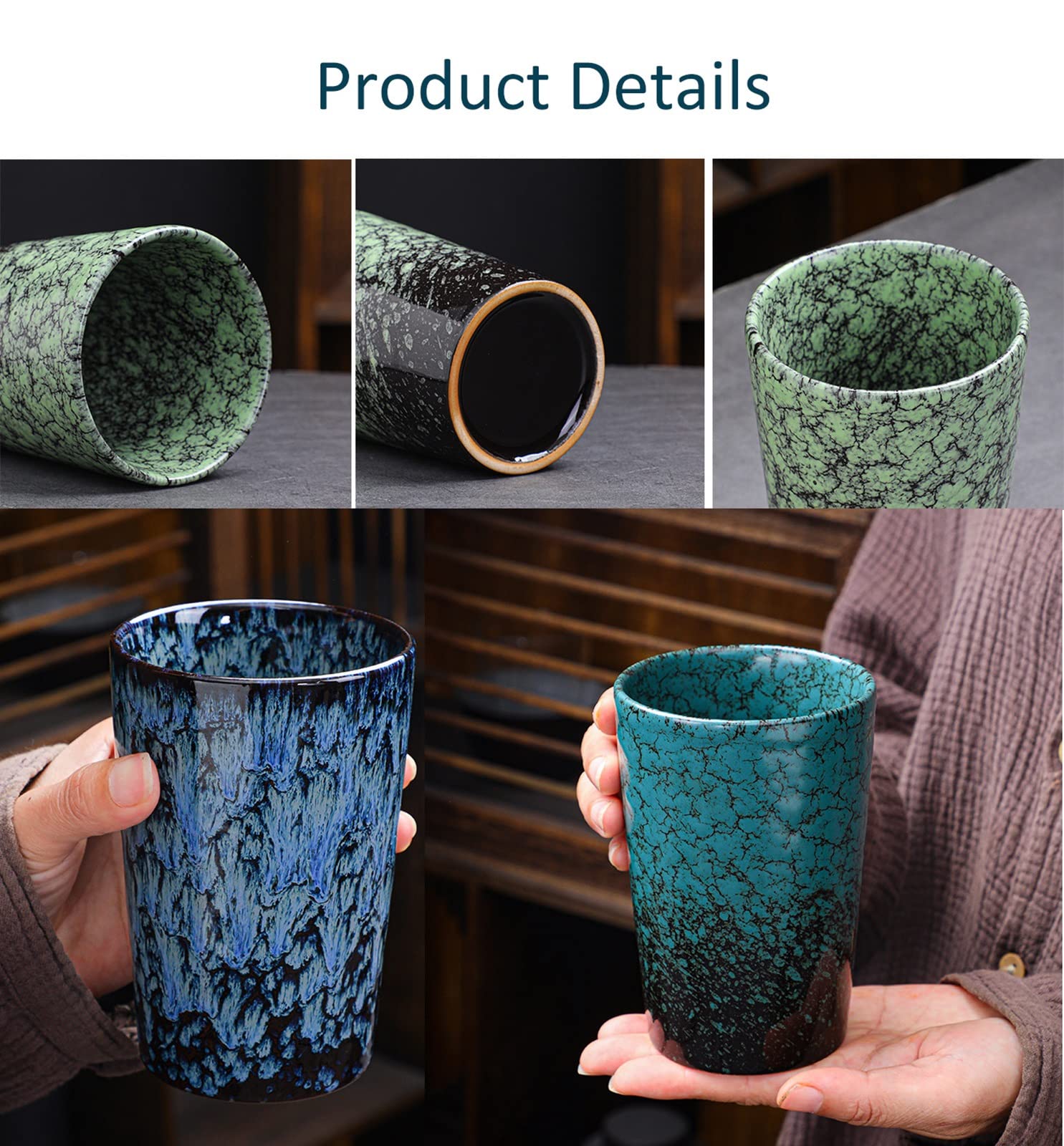 Juego de 2 Tazas de cerámica japonesas de Estilo Chino/japonés, Tazas de té sin asa de 12 oz (Color: Blanco y Azul)