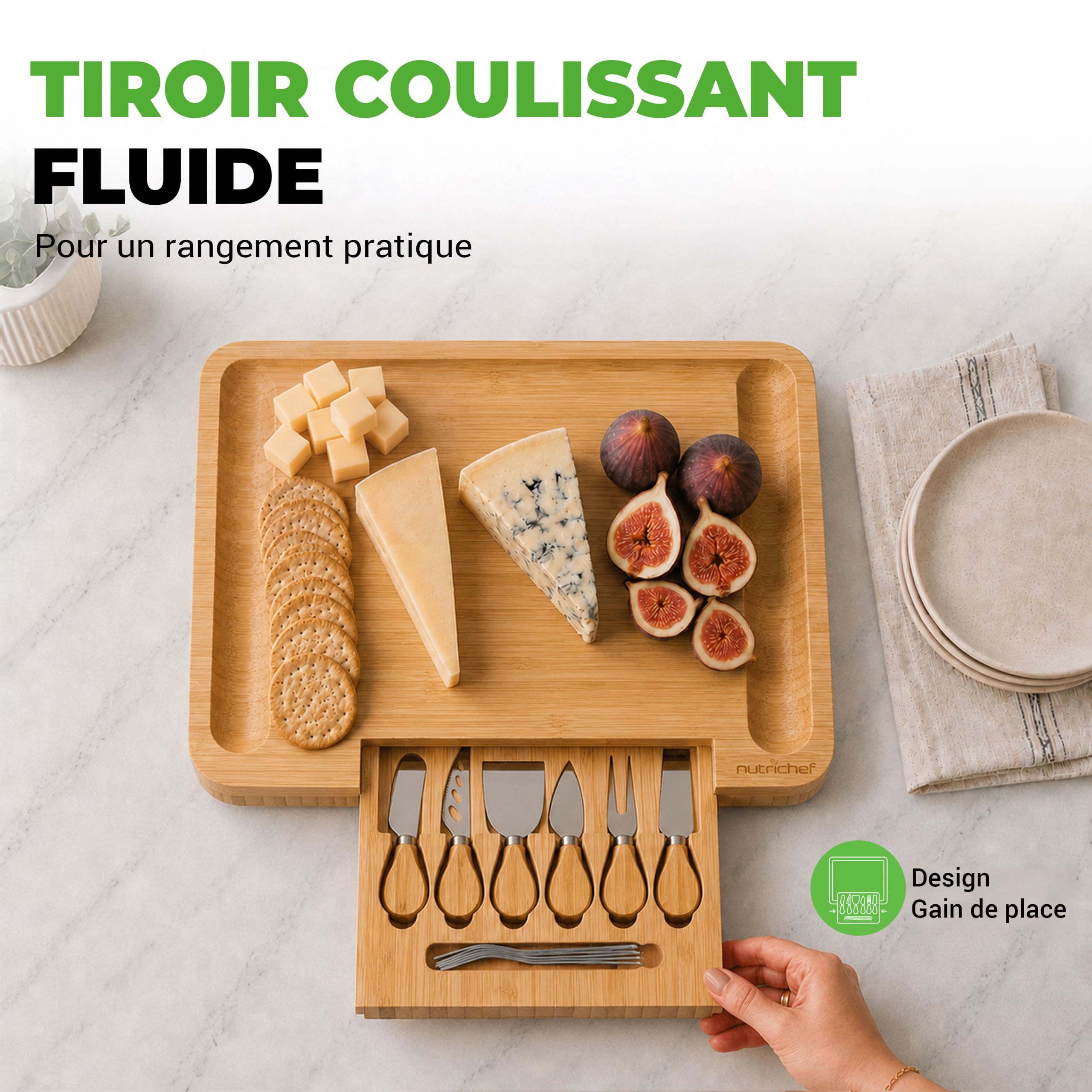NutriChef Plateau à Fromage Bambou – Planche Apéro XL, 6 Couteaux Inox Bois