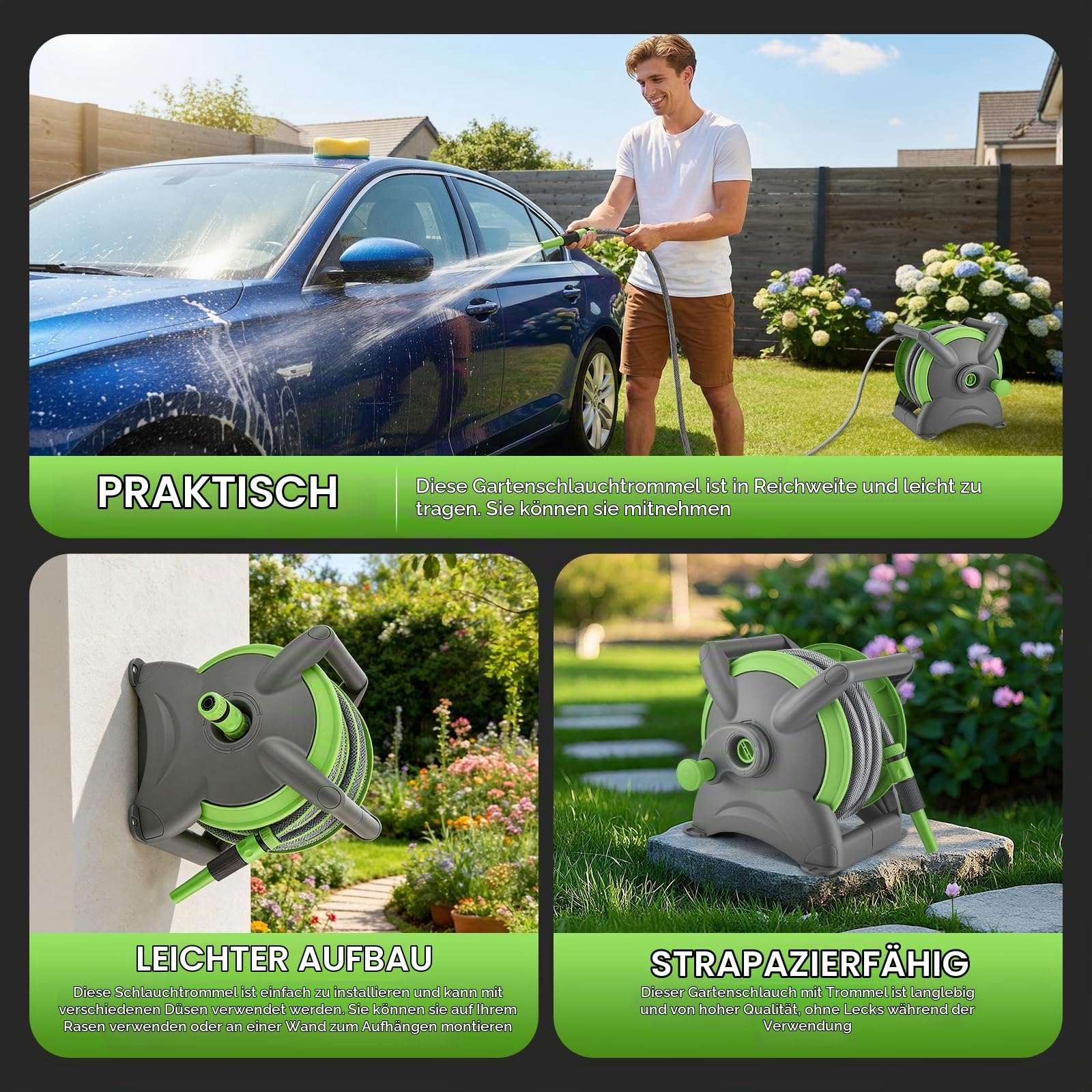 Schlauchtrommel 20m Schlauch mit 6–Mobile GartenSchlauchtrommel schlauch Trommel Mobile Schlauchtrommel, platzsparend an der Wand montierbar und jederzeit abnehmbar, Spritze und Systemteilen