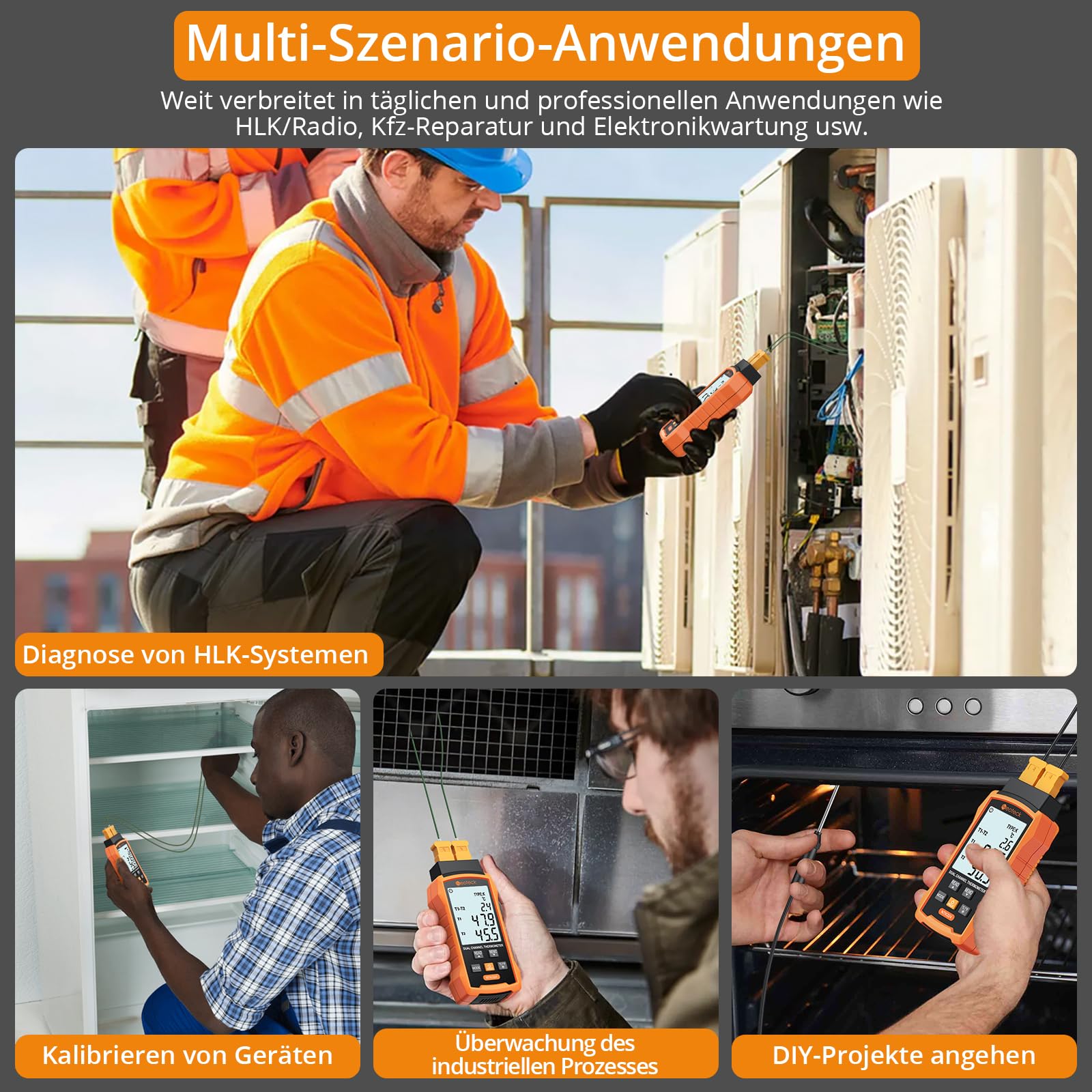 Neoteck Digital Thermoelement Thermometer Dual Kanal K/J Digitales Thermometer mit 4 Thermoelementen -50~1300°C Zweikanal-Temperaturmessgerät für HLK, Automobilen, elektrischer Wartung