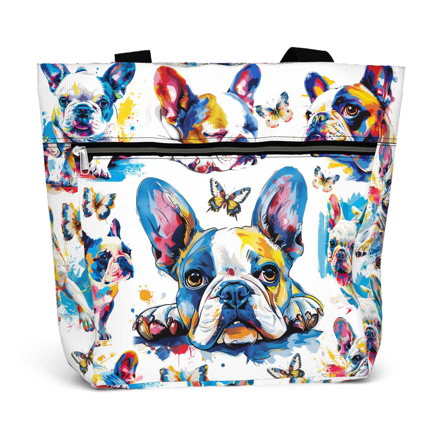 84hoods Large Waterproof Tote Bag for Work with Pockets and Zipper for Women. Gift for French Bulldog Lover, Frenchie Owner.