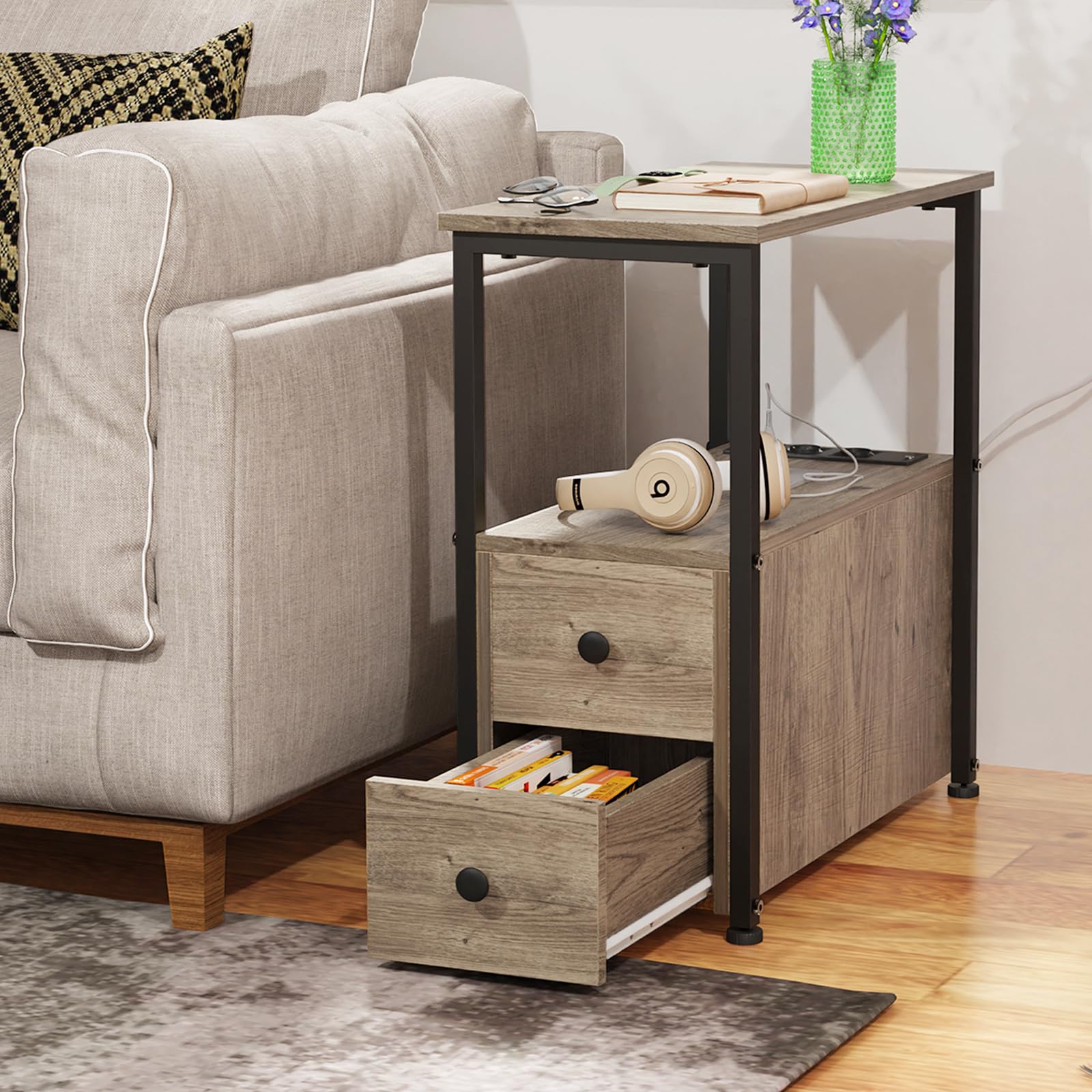 Mesita de Noche con Enchufe, Mesa Auxiliar con 2 cajón, Dormitorio Estrecha Mesitas de Noche, Organizador para Dormitorio, Sala de Estar Gris
