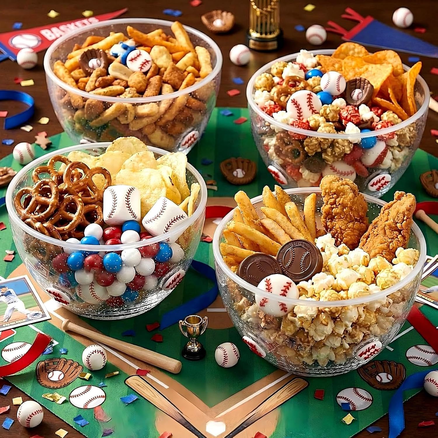 4 Pcs Baseball Glass Candy Bowls, 14oz Baseball Clear Candy Dishes with Bubble Design Small Serving Bowls for Chips Popcorn Game Carnival Party Table Decorations