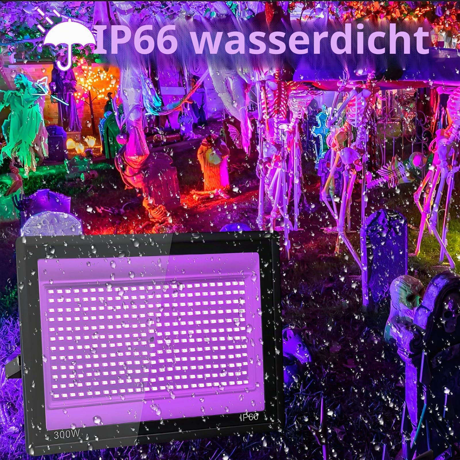 2 Stück 300W LED Schwarzlicht Strahler, IP66 UV Schwarzlicht Fluter, 395-400nm LED UV Strahler, UV Licht mit Schalter Für Halloween Dekorationen,Party Deko, Weihnachten, Neon Glühparty, Körperbemalung