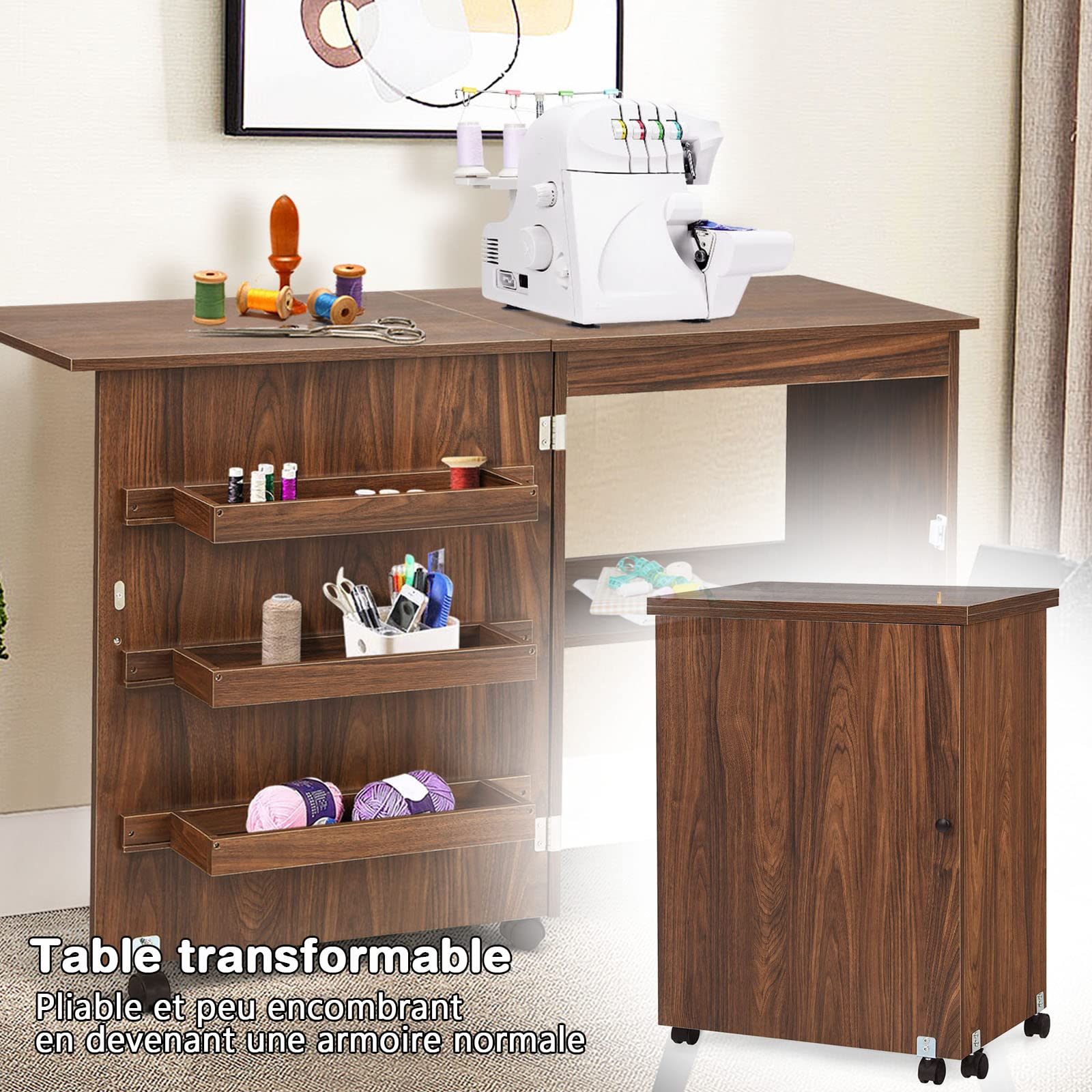 RELAX4LIFE Table Pliable pour Machine à Coudre avec 4 Etagères de Rangement, Armoire à Machine à Coudre avec roulettes avec Freins, Table Pliable en MDF, 117 x 40 x 77 CM, Blanc/Naturel/Brun (Brun)