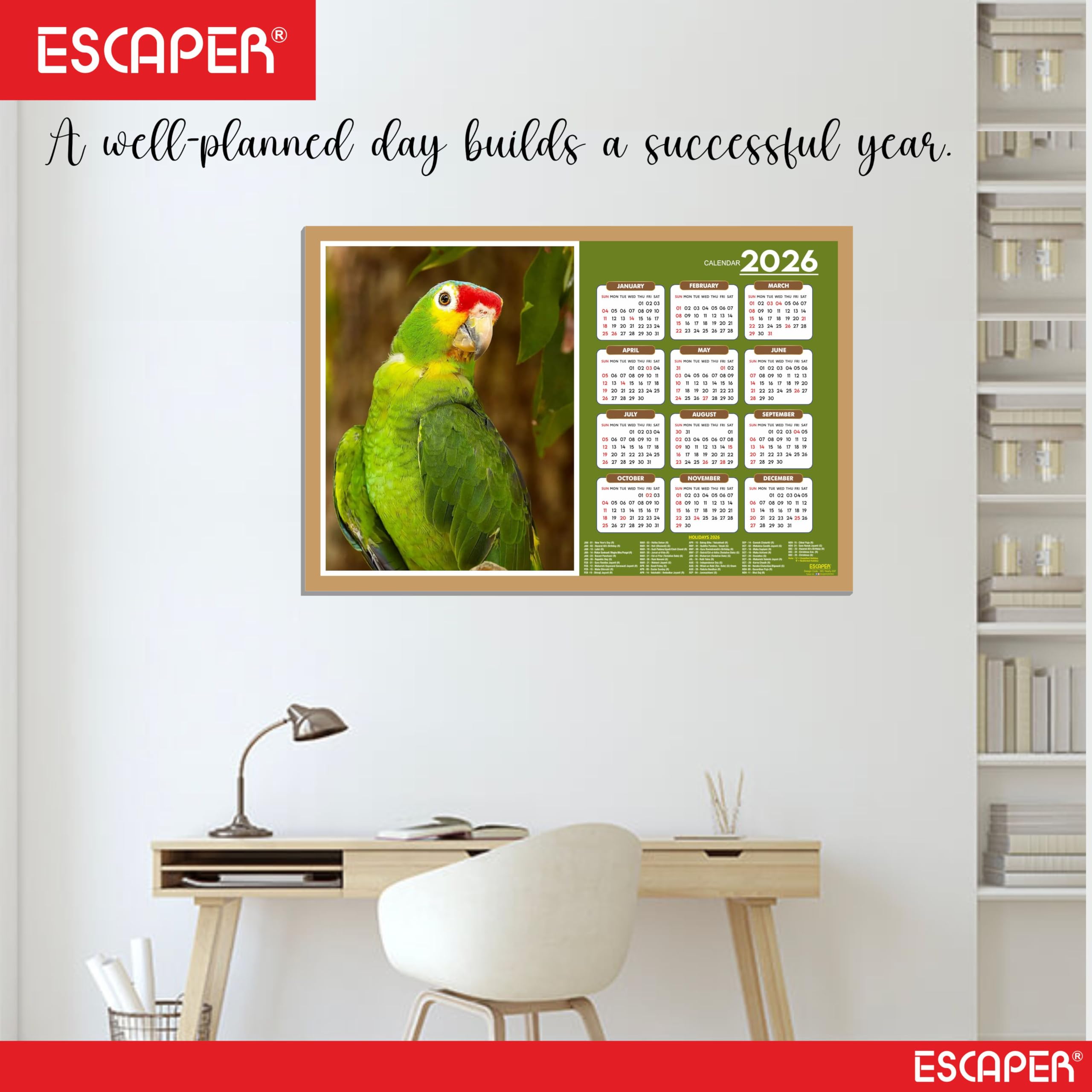 ESCAPER Calendario de pared 2026 con temática de pájaros lindos, 45 x 30 cm, loros verdes, decoración de habitación infantil, calendario colgante para el hogar y regalo
