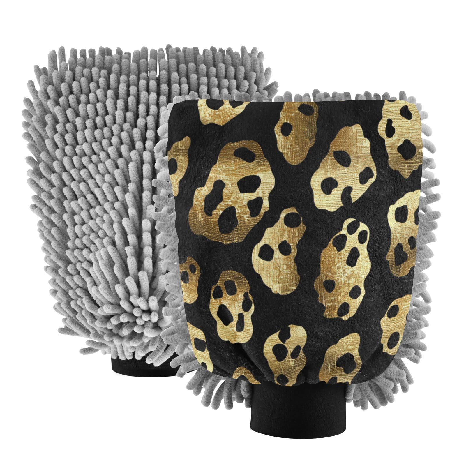 ALAZA Golden Cheetah Leopard Print Car Wash Mitt Scratch Free, 2 Pack Absorbent Microfiber/Chenille Washing & Drying Mitts, L