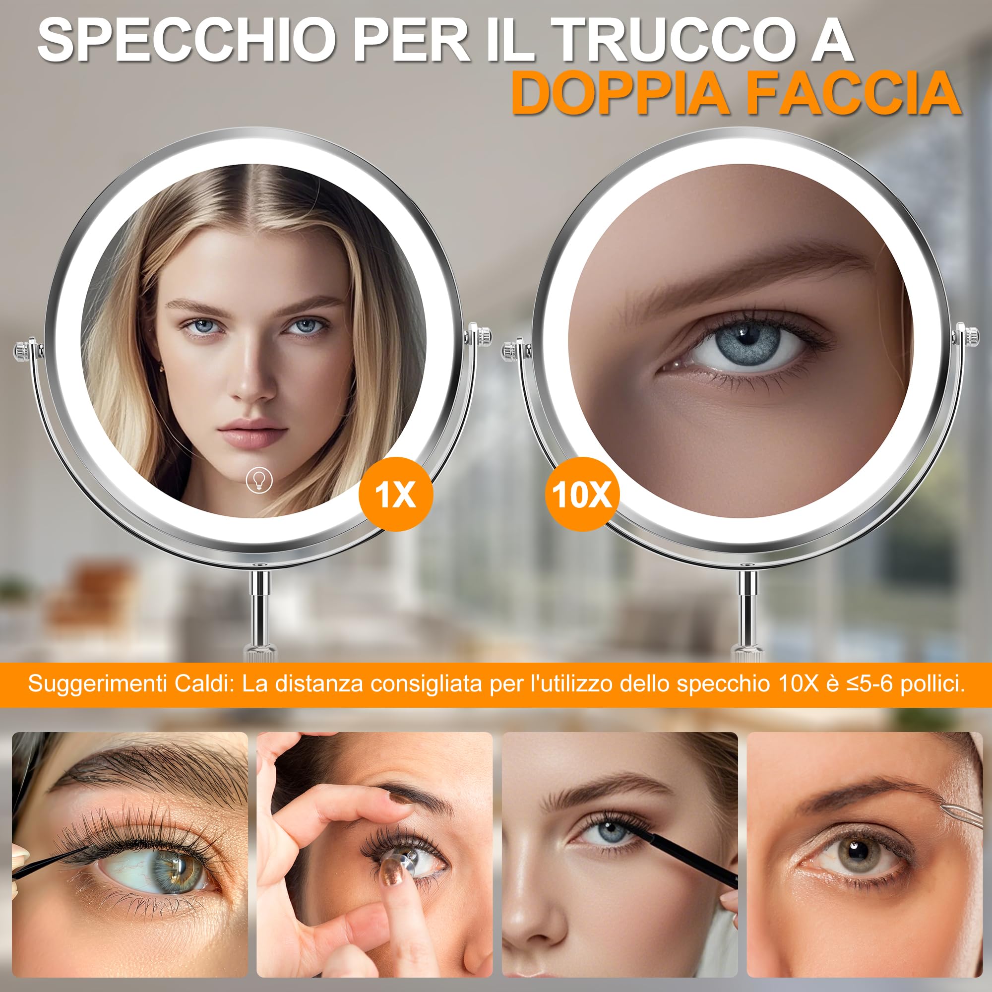 Specchio Trucco Con Luci, Specchio Ingranditore 10x Rotazione A 360° Con 3 Luci Colorate Luminosità Regolabile, Specchio Trucco Con Bifacciale Per La Cura Personale E Il Trucco