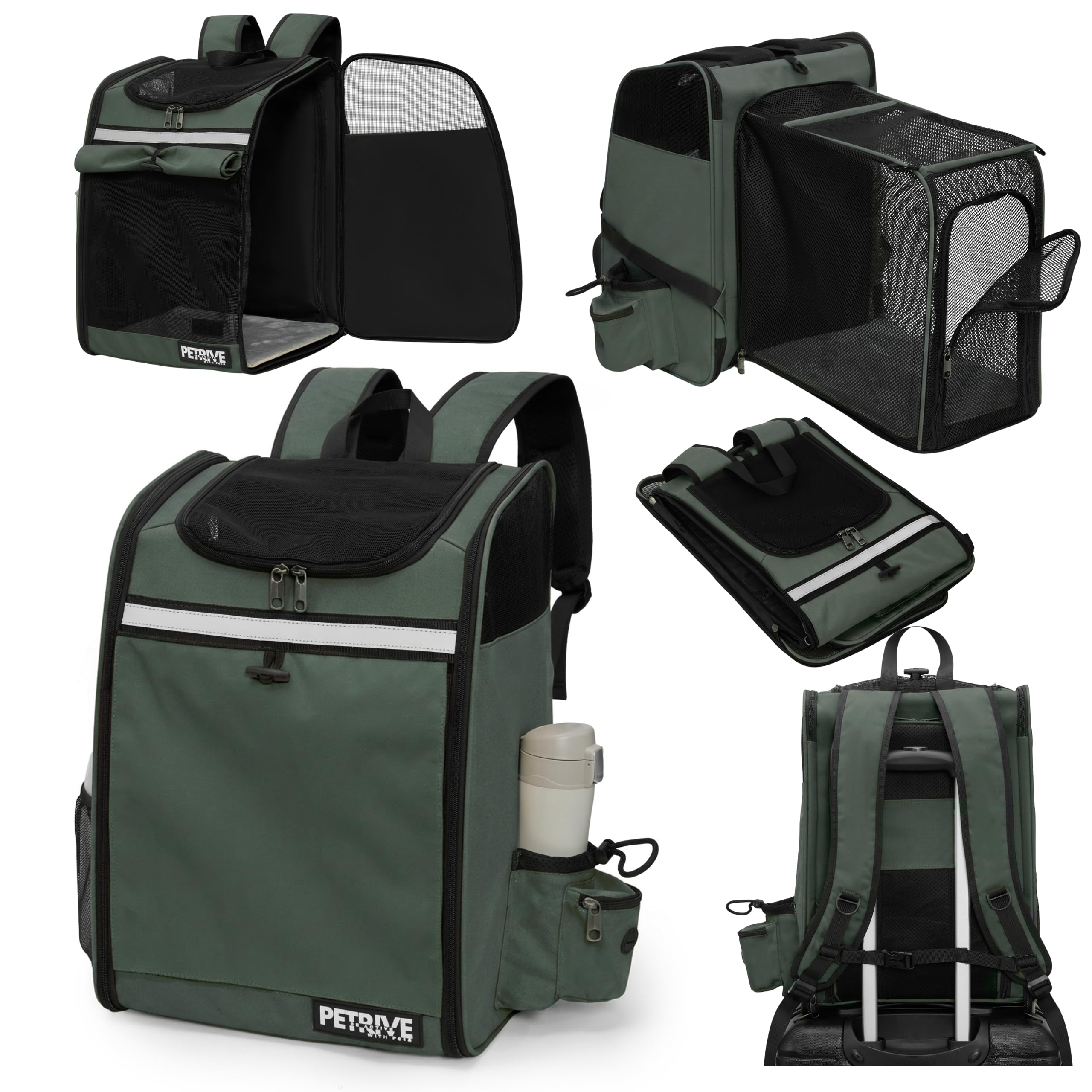 PETRIVE Haustier Rucksack für Katzen und kleine Hunde, erweiterbar, faltbar, mit verstärktem Netz und stabilem Boden, Leichter Transport-Rucksack für Reisen, Spaziergänge und Tierarztbesuche (Grün)