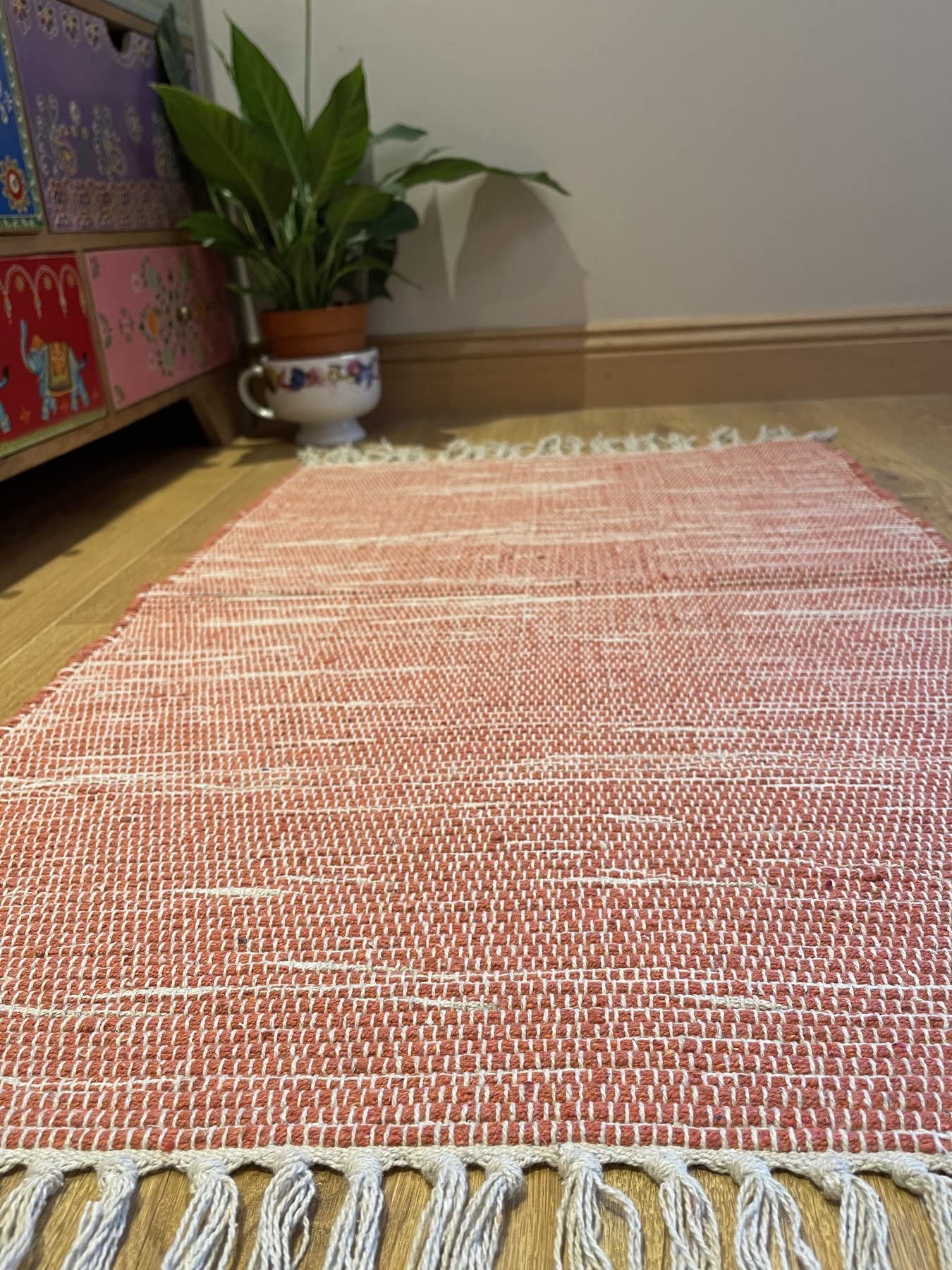 Alfombra de algodón suave, tejida a mano con certificado GoodWeave pequeña, 75 cm x 120 cm, color rojo óxido pálido