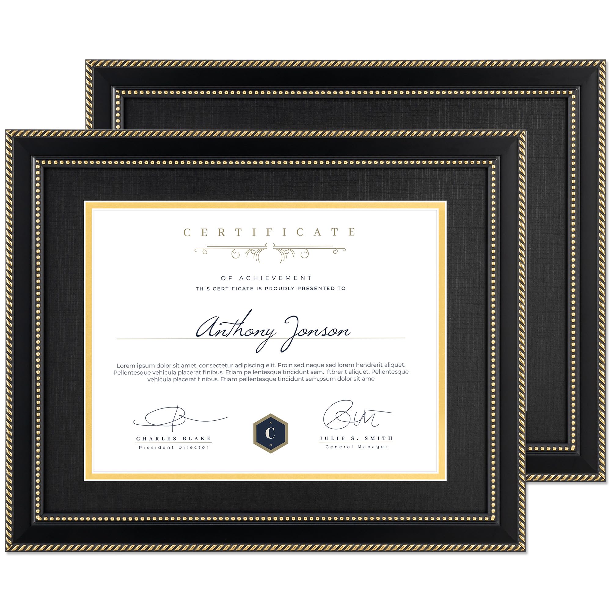 FLYJOE 11x14 Diploma Frame 2Pack for 8.5x11 Certificate Document with Black over Gold Mat Certificate Frame for Diploma Degree with HD Tempered Glass Graduation Picture Frame for Wall, Black