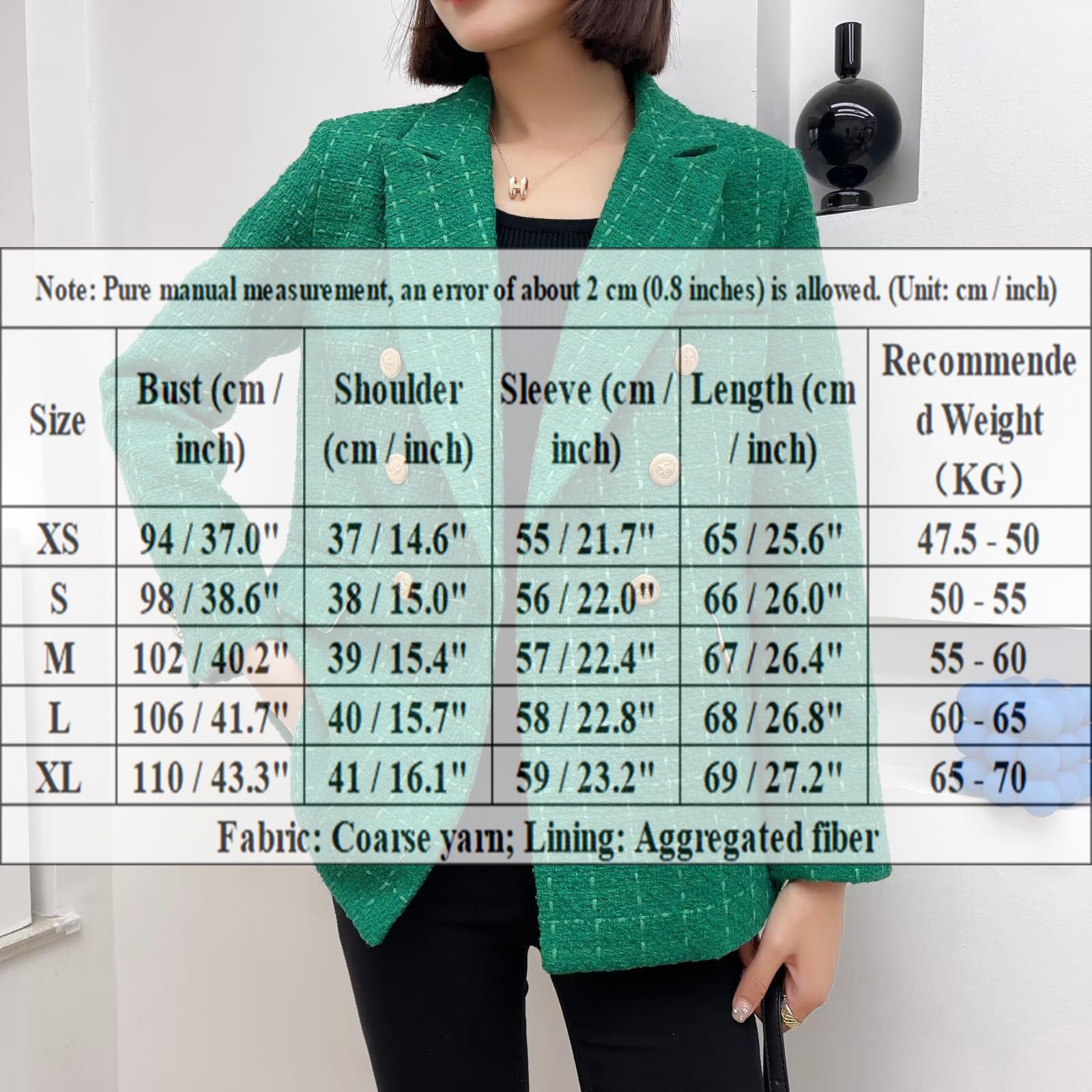 HONGBI Damen Tweed-Blazer Doppelreihig mit Taschen
