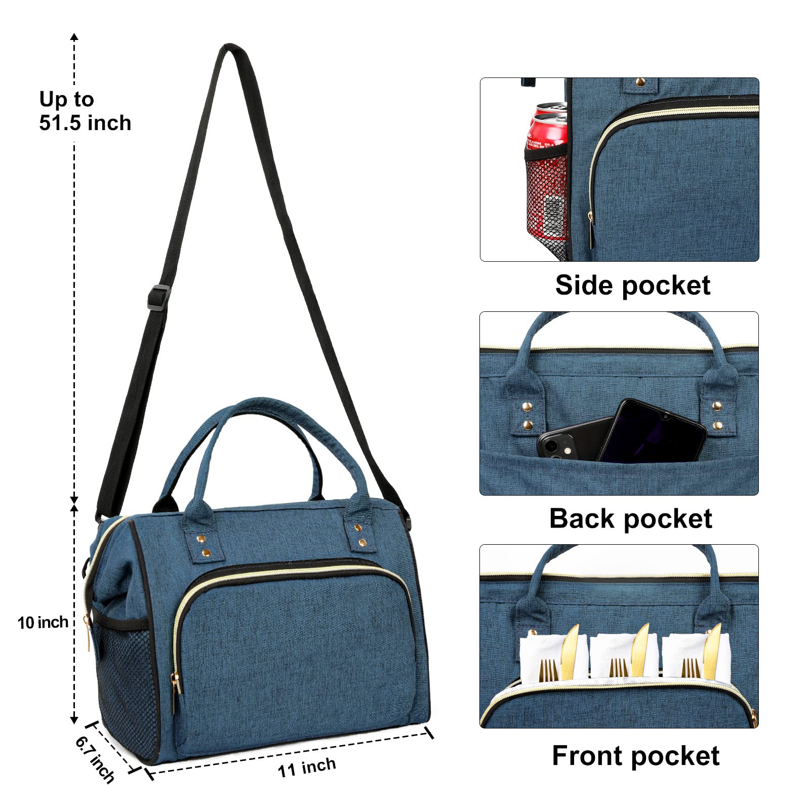 IDEATECH Grand sac à déjeuner isotherme pour homme, bleu, sac isotherme réutilisable avec poches, étanche et isolant