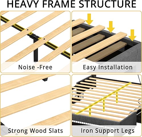 Miniatura 7 de ANCTOR Base de cama tamaño Queen con cabecera de almacenamiento y estación de carga, cama de plataforma tapizada con 3 cajones, no necesita somier,