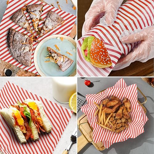 Vista 41 de Hojas de papel encerado de 12 x 12 pulgadas, 100 forros para cestas de alimentos para sándwiches, hamburguesas, envoltorios de alimentos Rayas