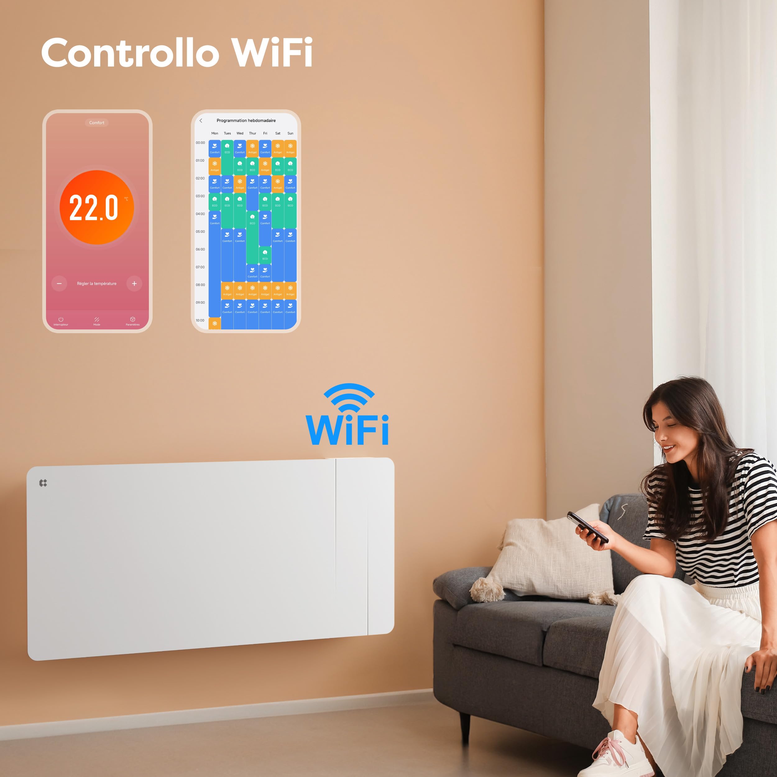 CIARRA CBHTD20A-W Radiatore Inerzia Ceramica 2000W WiFi (15-30 m²)