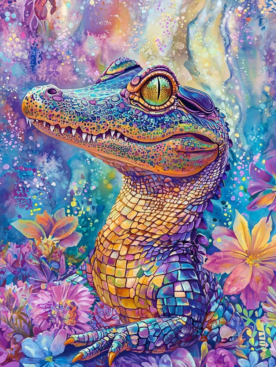 Coccodrillo e fiori Dipingere con i Numeri per Adulti, 70x90cm a-216 | Paint by Numbers Kit con Pennelli e Acrilico Pigmento, Fai da te Olio La Pittura di Numeri Kit, Decora la Casa, senza Cornice