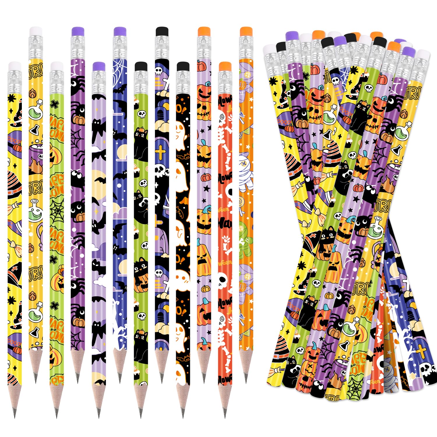 ZALAON Halloween Wood Pencils with Eraser, 36 Pieces Cartoon Halloween Themed Pencils with Rubbers for Party Bags Teacher Office Supplies