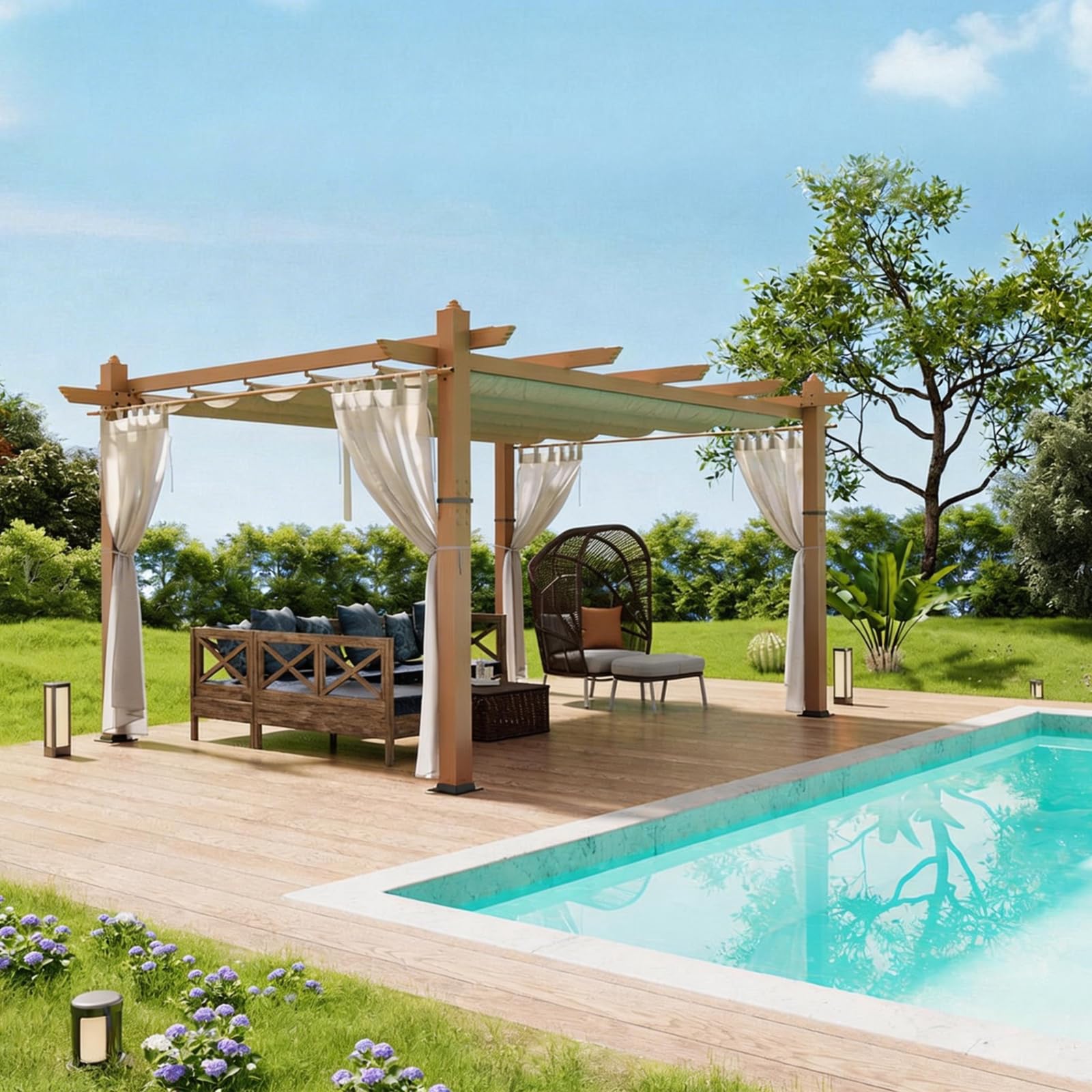 Photo 1 of 10 x 13 ft Wood Grain Aluminum Pergola with Retractable Canopy & Netting, Outdoor Sun Shade Shelter for Patio, Garden, Backyard, Deck, UPF 50+ Protection – Beige