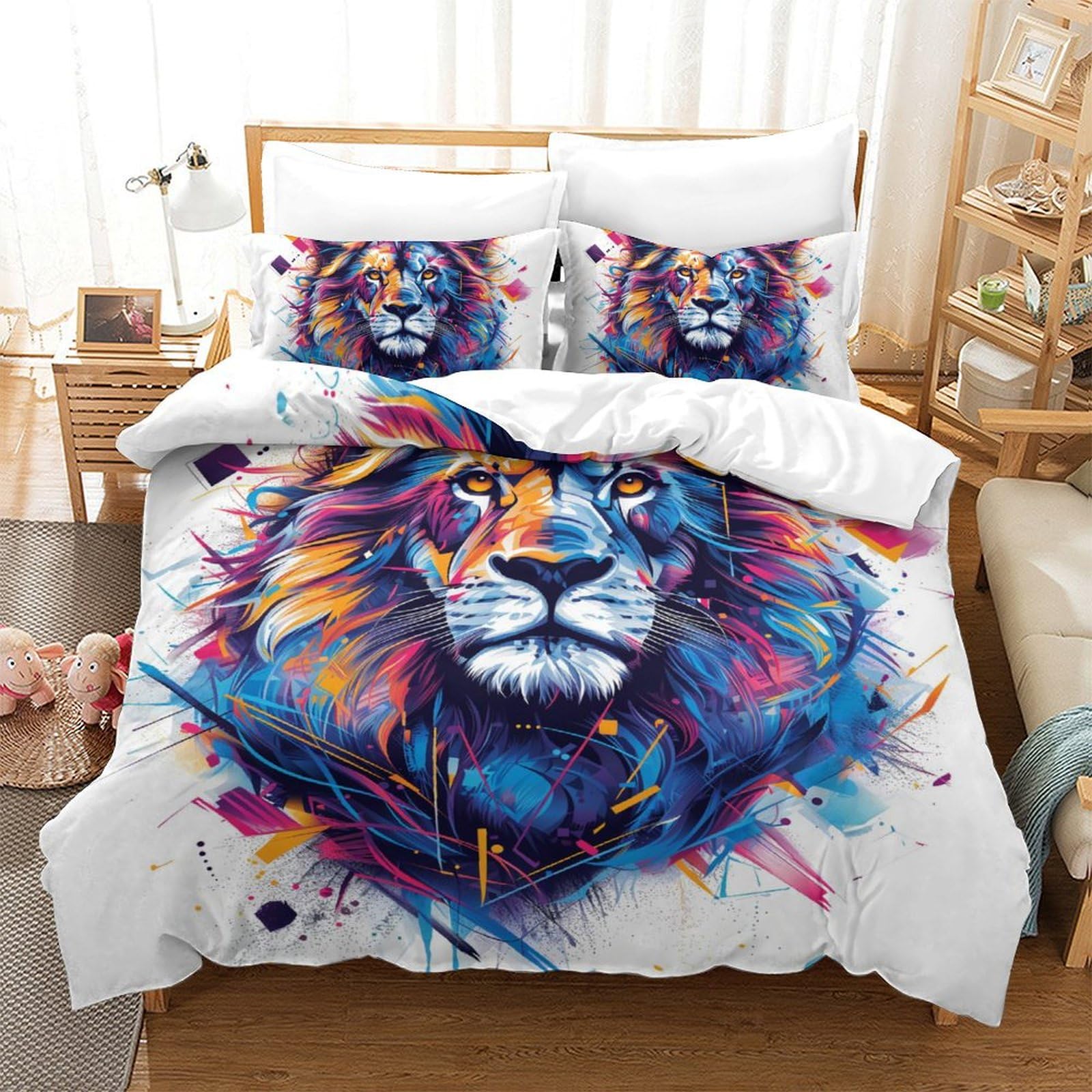 Housse de couette lion 200x200 cm avec ses 2 taies d'oreiller pour lit double