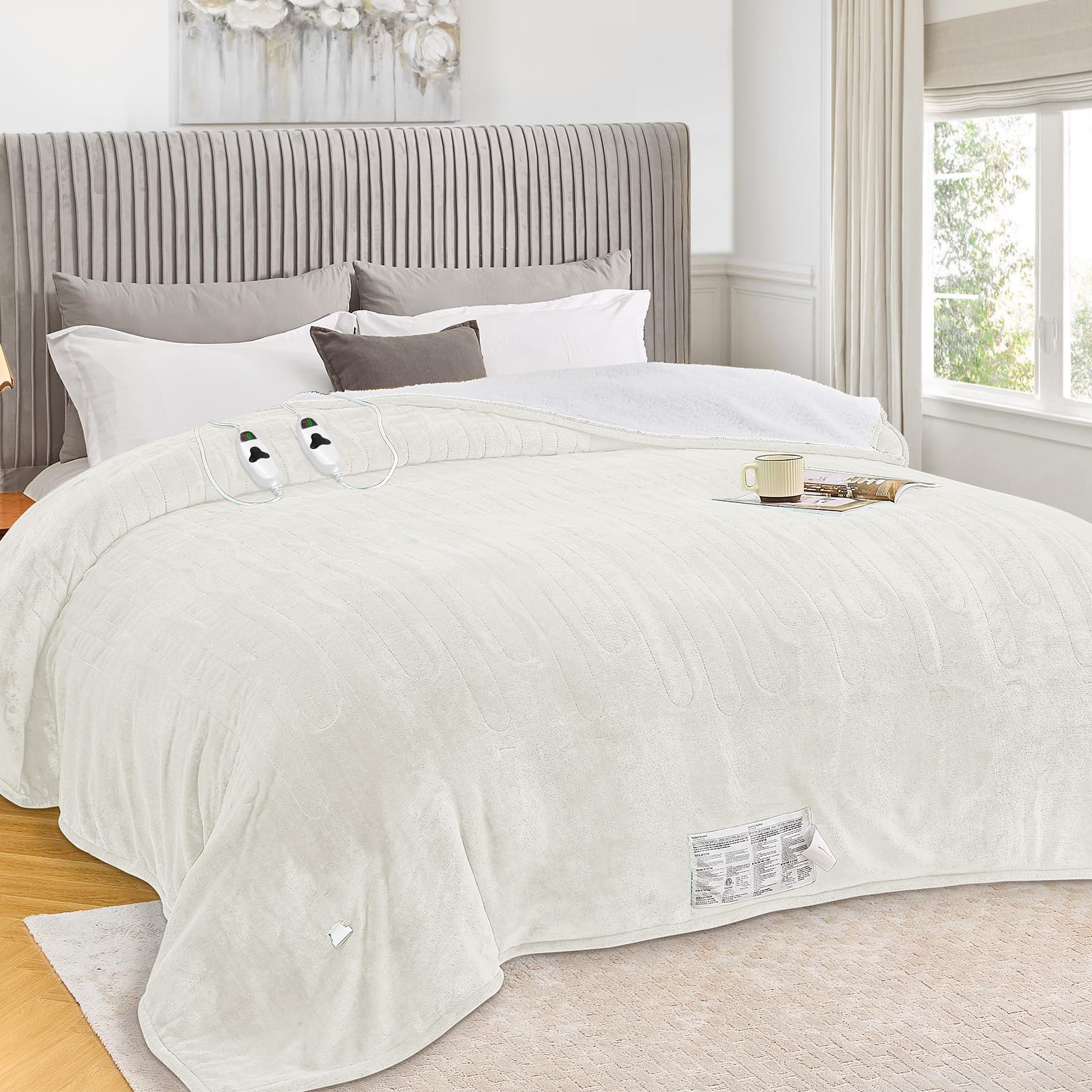 greenoak Heated Blanket Electric King Size 100"X90" Dual Control, Heating Blankets with 10 Levels 8 Hours Auto-Off Overheat Protection, Soft Flannel Sherpa Fluffy House Warming GIF, ETL Pure White