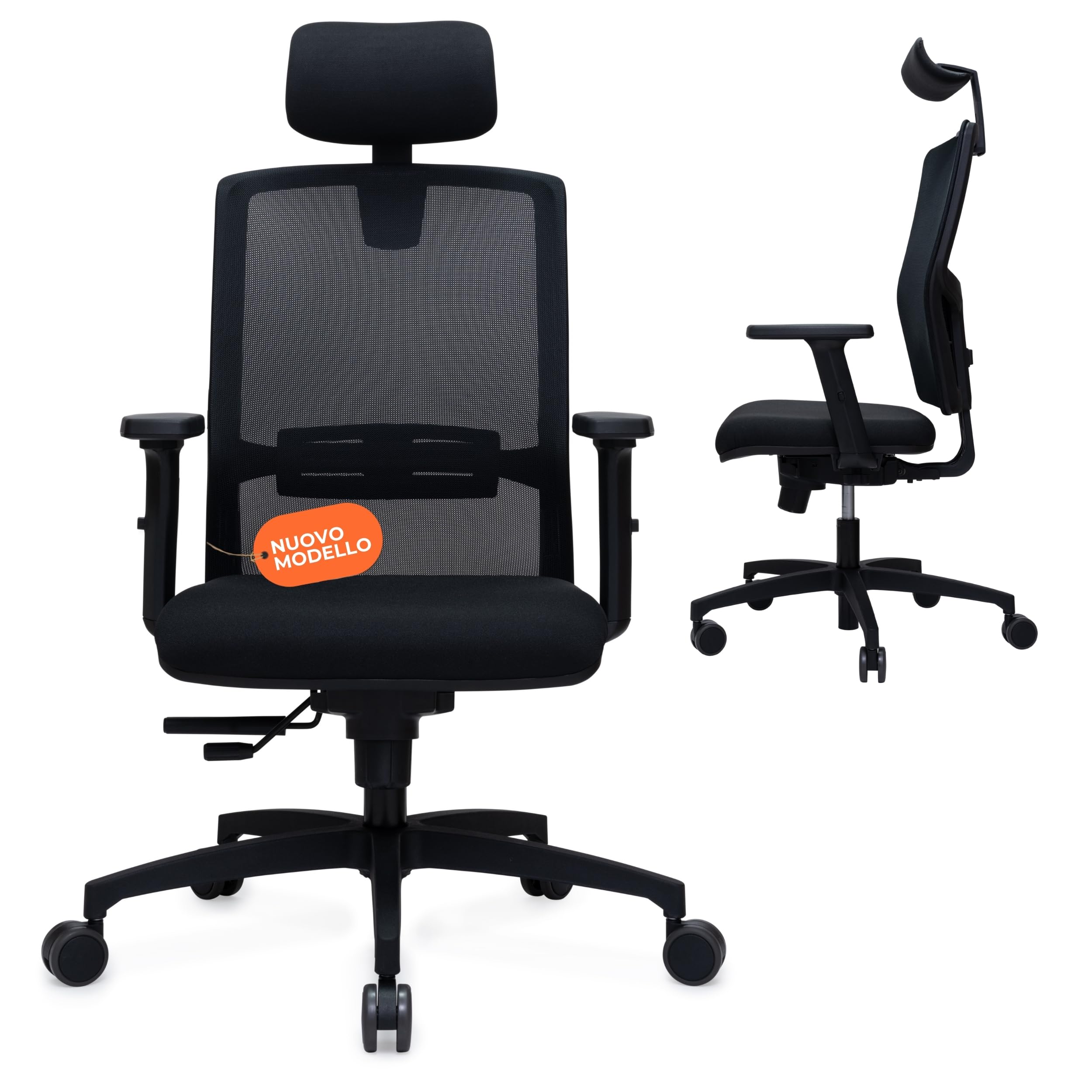 ErgoOtto Nuova Emilia Sedia Scrivania Ergonomica Preassemblata, Sedia Ufficio Compatta per Cameretta, con Supporto Lombare, Poggiatesta e Schienale Reclinabile 4 Posizioni, Made in Italy