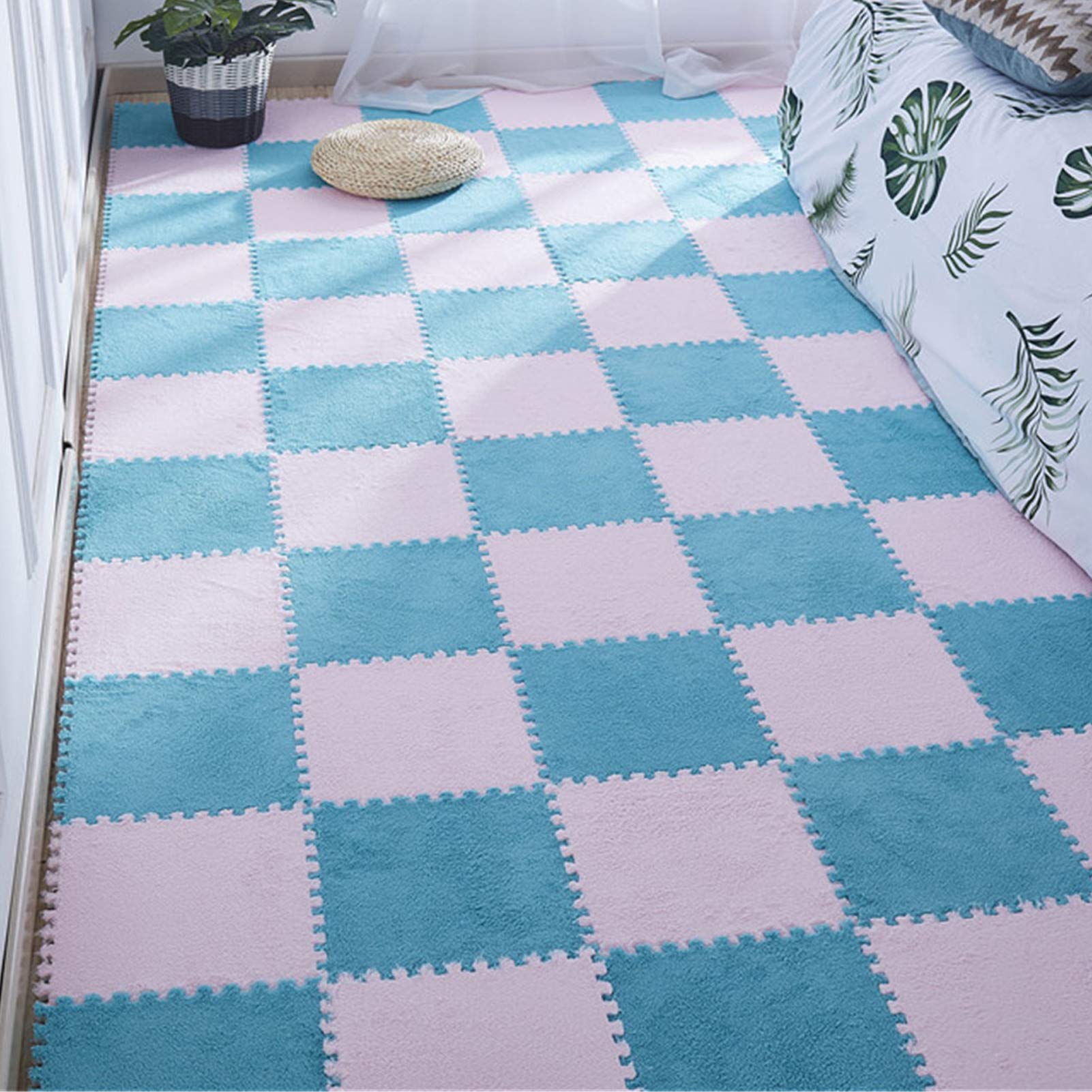 Tappetino in Schiuma di Peluche per Bambini, Tappetini in Schiuma Eva Ad Incastro con Bordo per Sala Giochi Yoga per Esercizi in Garage,Light Pink+Blue