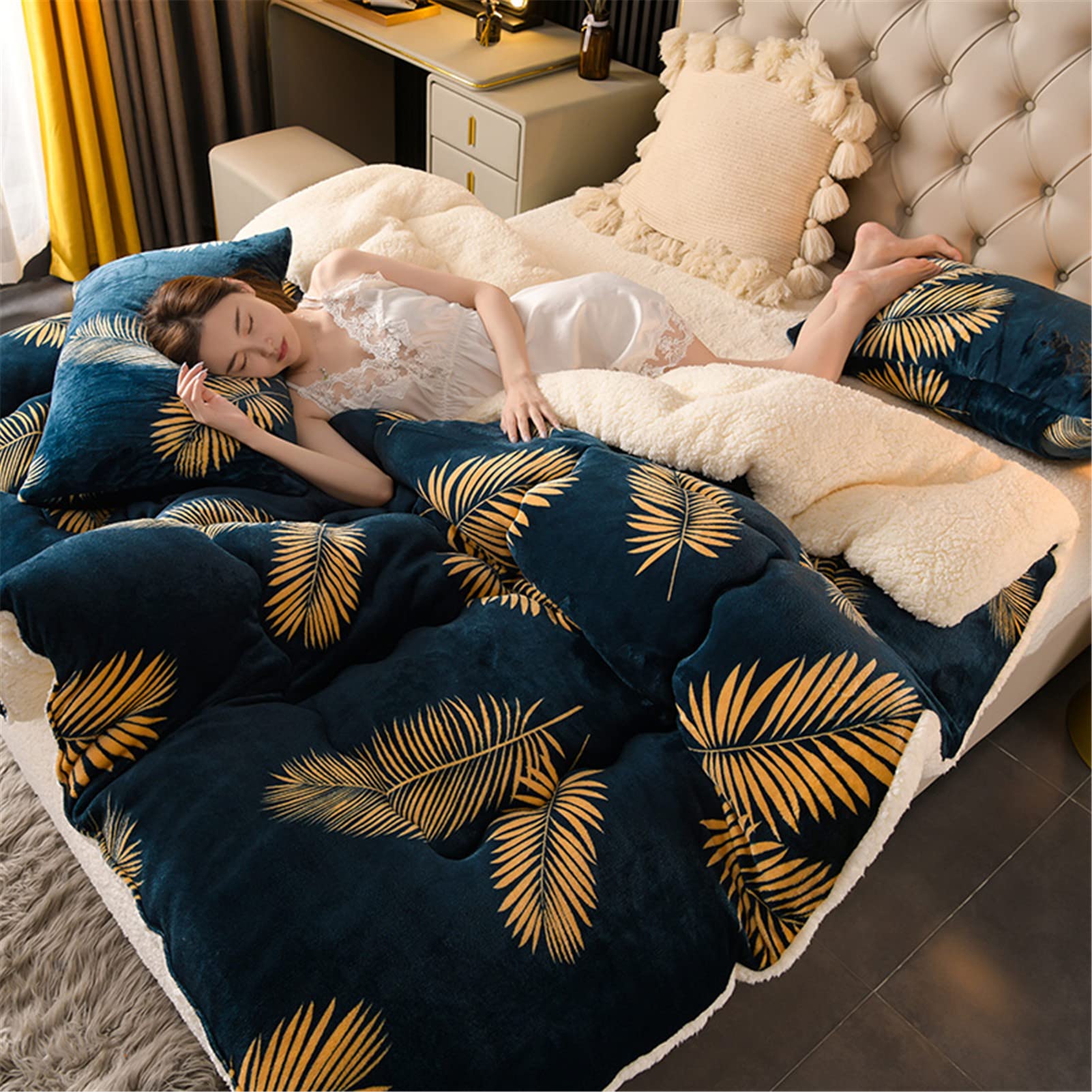 Couette en Velours de Laine d'agneau en Coton, Épaisse et Chaude Cachemire Édredon, Anti-poussière et Anti-Allergique Au Printemps Hiver et Automne (Marine,150 * 200cm (1.75kg)