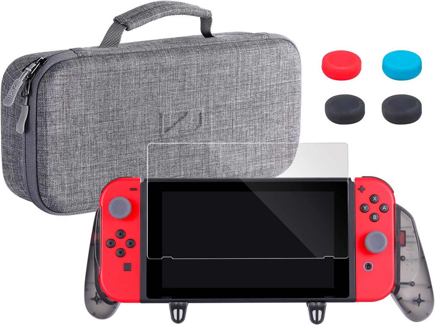 Zadii Ergonomic Grip Pro Case Bundle Compatible with Nintendo Switch, Includes Comfortable Grip, Carry Case and Tempered Glass Screen Protector