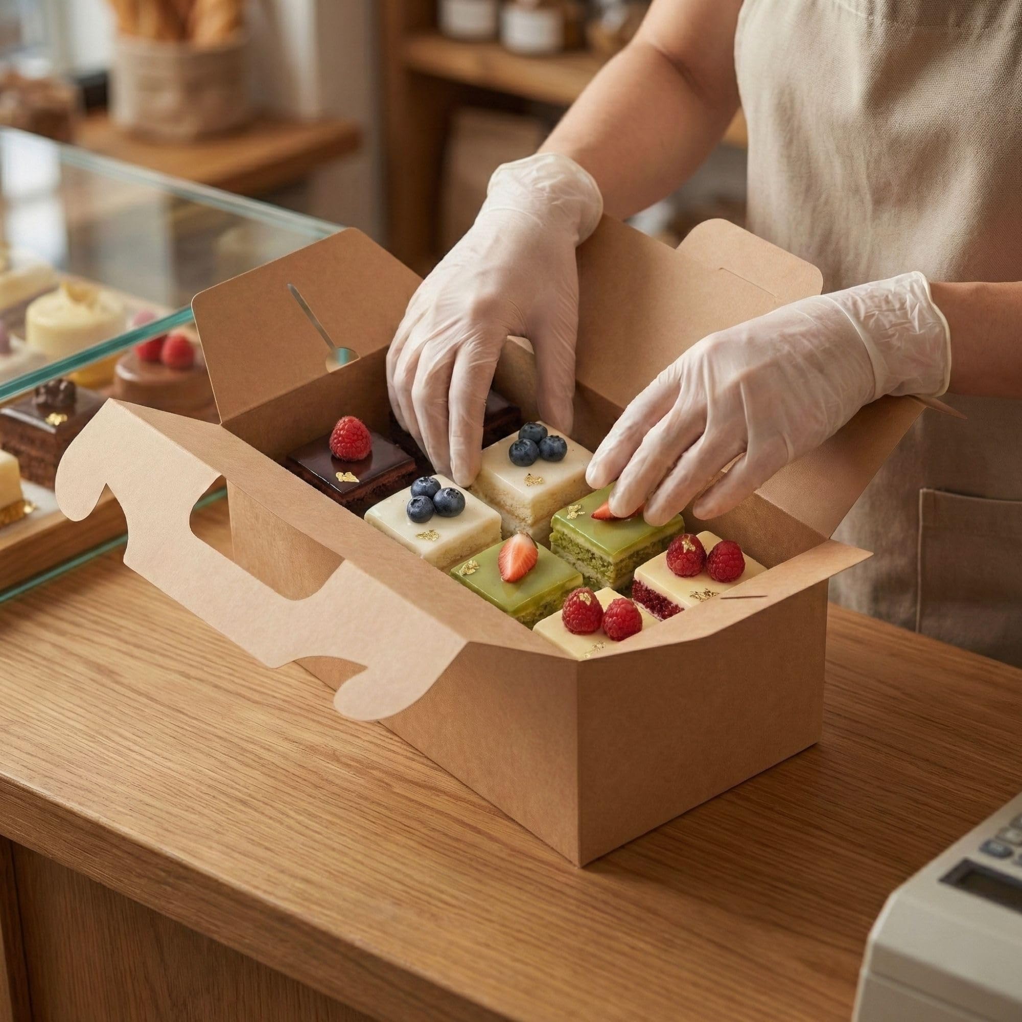 Restaurantware Bio Tek - Cajas de regalo de 10.2 x 5.9 x 6.9 pulgadas con asas, 100 cajas rectangulares a dos aguas, con pestaña segura, cajas de cartón kraft resistentes a la grasa, reciclables