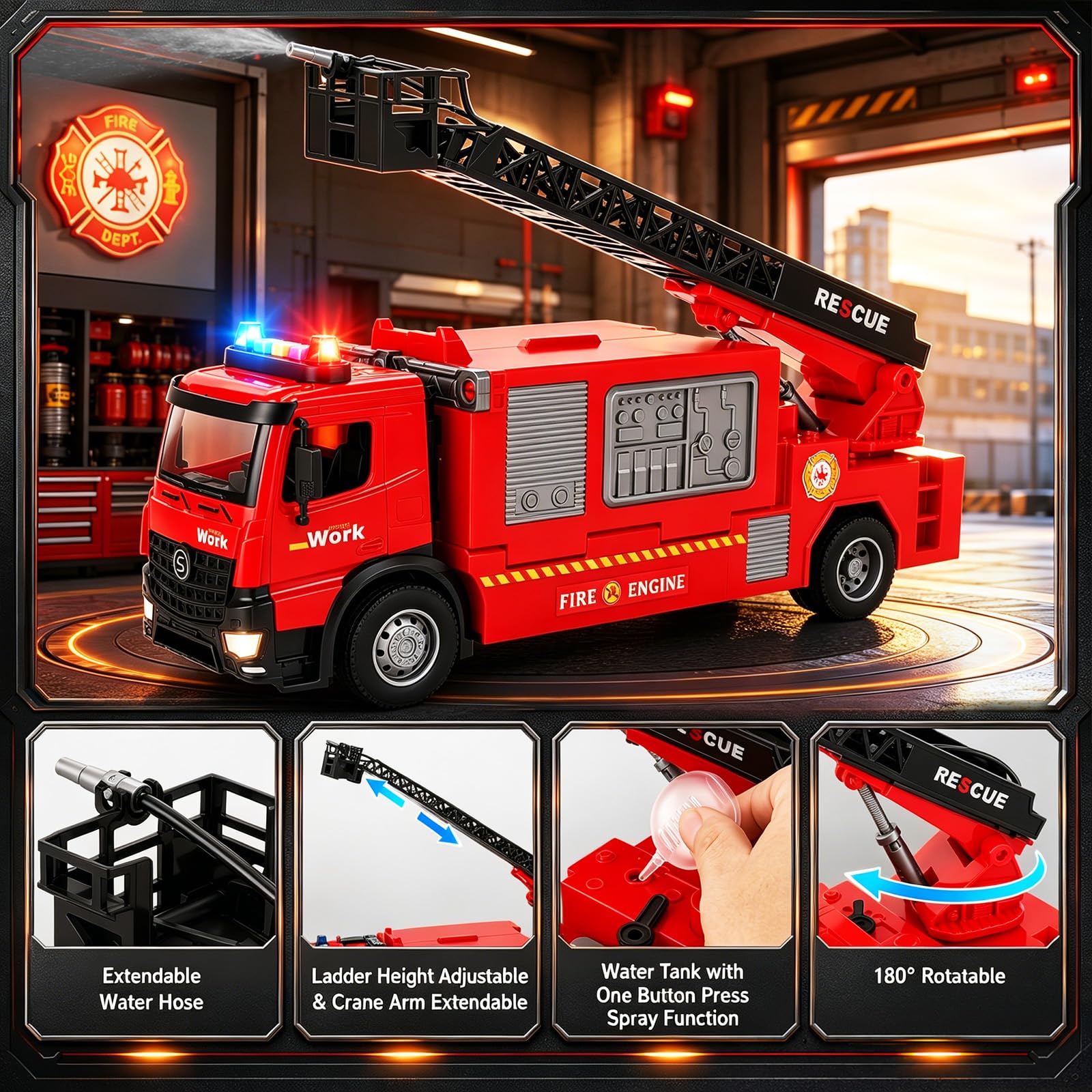 Camion Pompieri Grande, Camion Pompieri Giocattolo per Bambini da 2 3 4 Anni, Vigili del Fuoco per Bambini con Funzione Sprinkler, Pompiere Giocattolo, Luci e Suoni, Compleanno