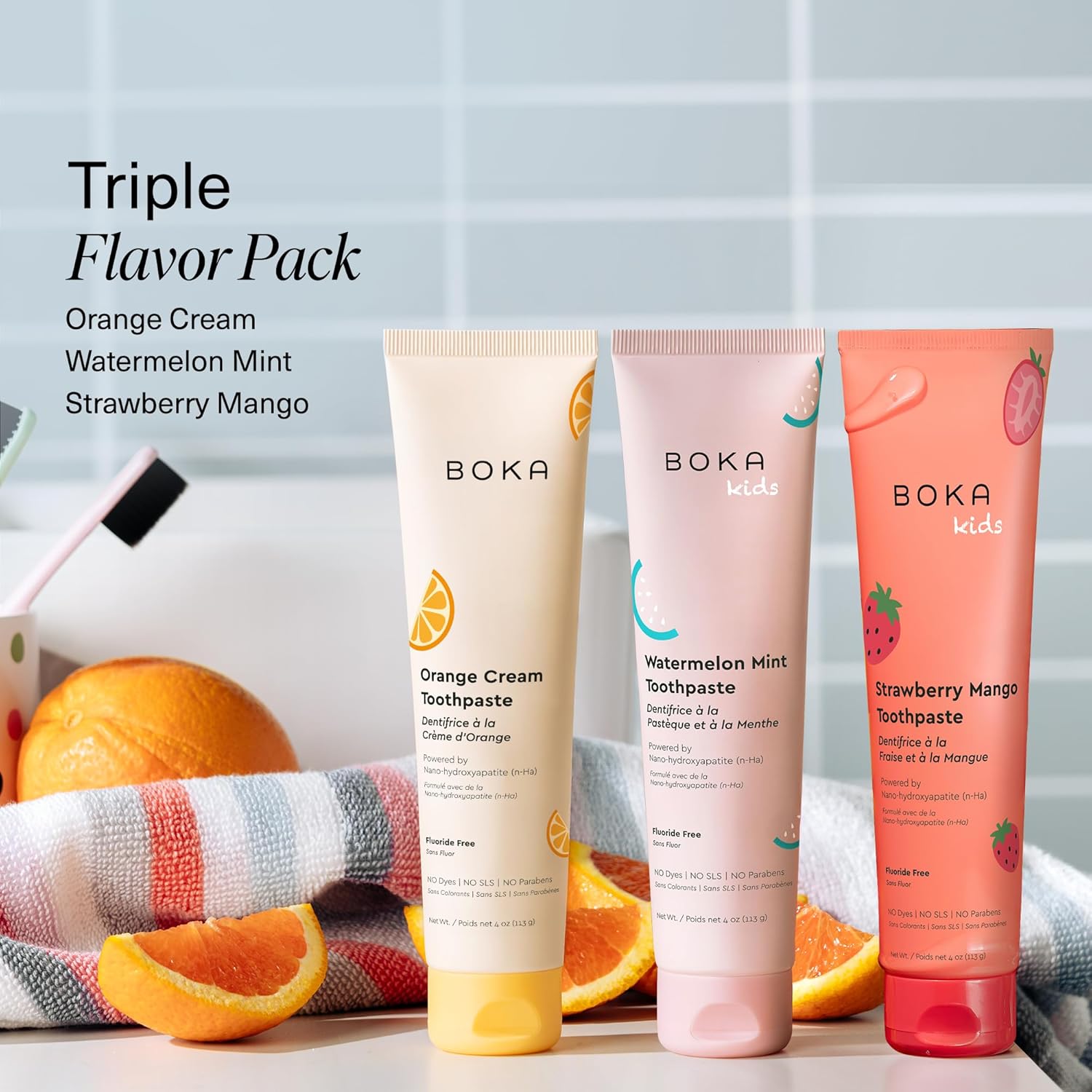 Boka Fluoride Free Toothpaste Nano Hydroxyapatite Toothpaste - Orange Cream, Watermelon Mint, Strawberry Mango Flavor, 4 oz 3Pk US Manufactured