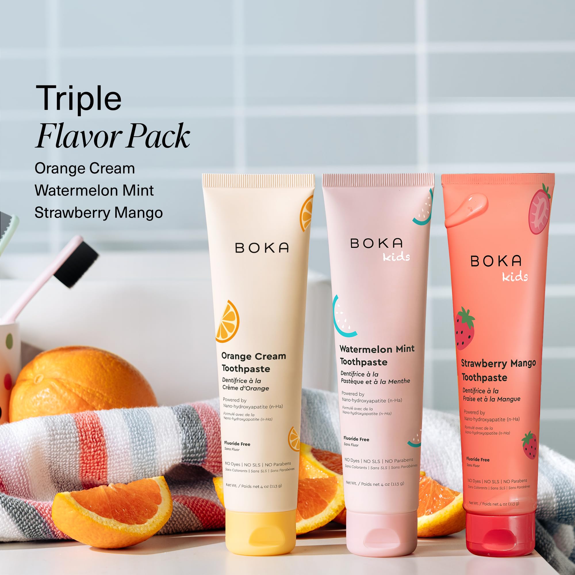Boka Lot de 3 dentifrices sans fluorure Nano Hydroxyapatite, aide à se reminéraliser, convient aux dents sensibles, blanchissant - pour adultes, enfants - crème orange, menthe pastèque, fraise et